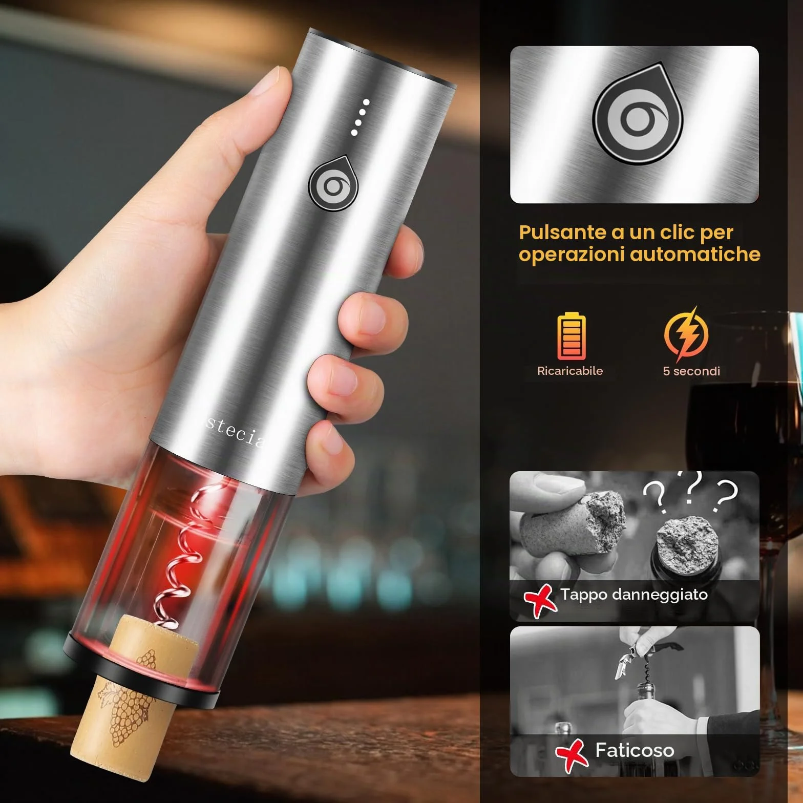 Cavatappi Professionale Elettrico per Vino, Apribottiglie Elettrici 4 in 1 Set con Apribottiglie Ricaricabile, Versatore Automatico per Vino, Taglierina per Lamine, Tappi Sottovuoto