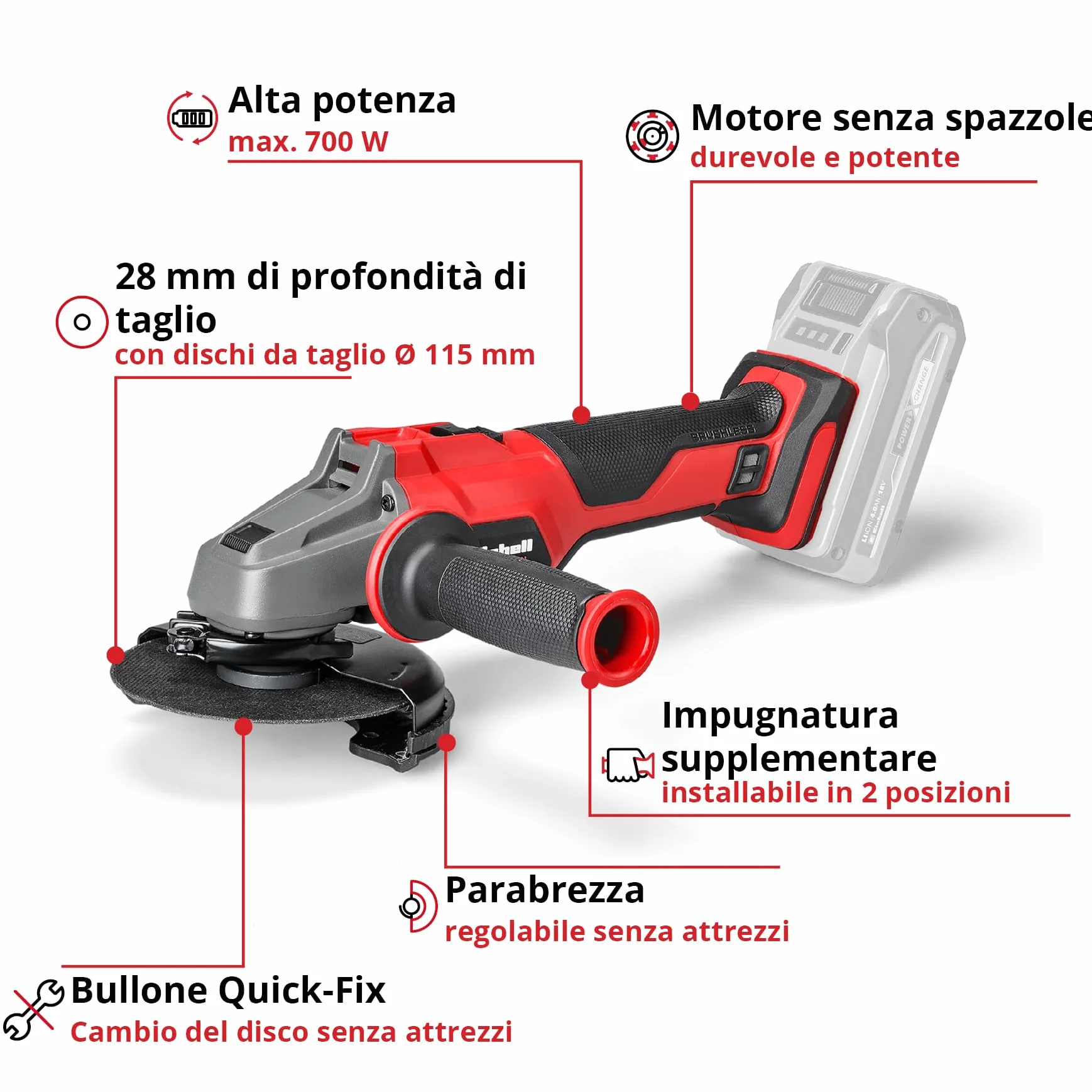 Einhell Smerigliatrice angolare a batteria AXXIO 18/115 Q Li-Solo Power X-Change (18V, 700 W, Ø 115 mm, profondità taglio 28 mm, brushless, Quick-Fix-Nut, disco da taglio e batteria esclusi)