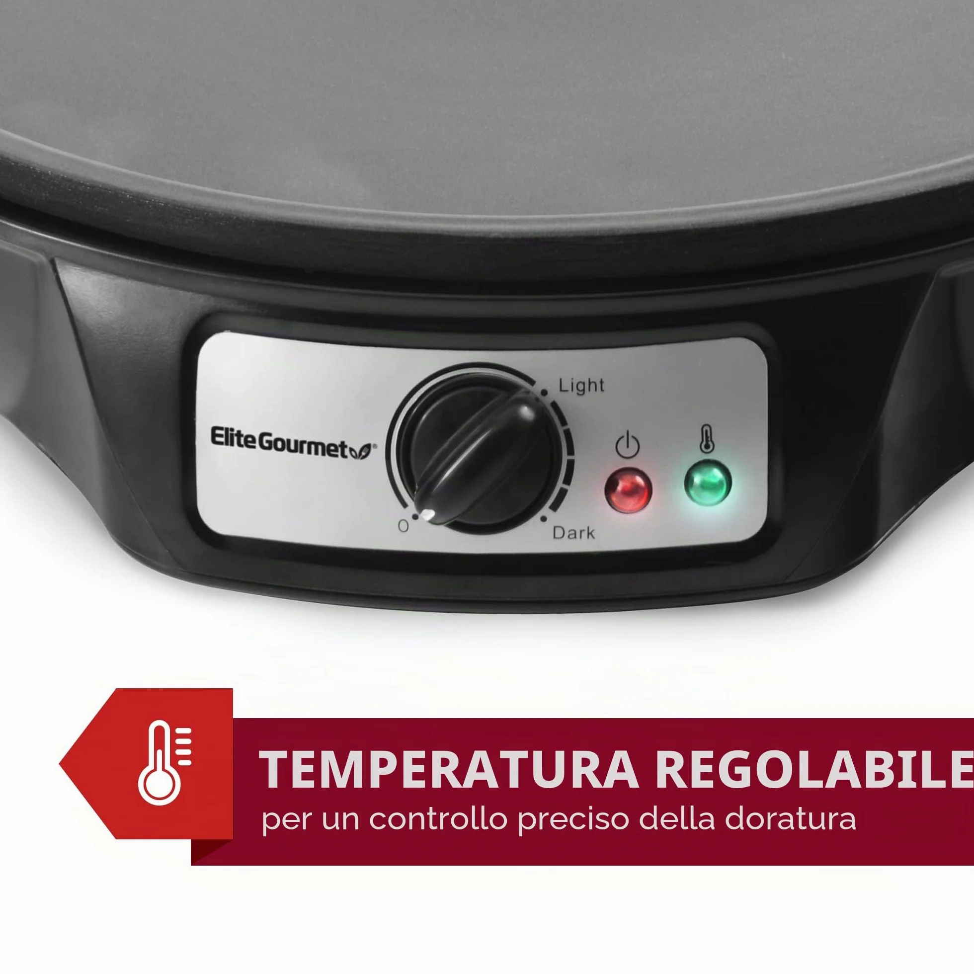 Elite Gourmet, Crepiera elettrica ECP-126 per crêpes, pancake, torte, piastra antiaderente, con spargitore, spatola e ricette, lingua italiana non garantita, 30,5 cm, nero