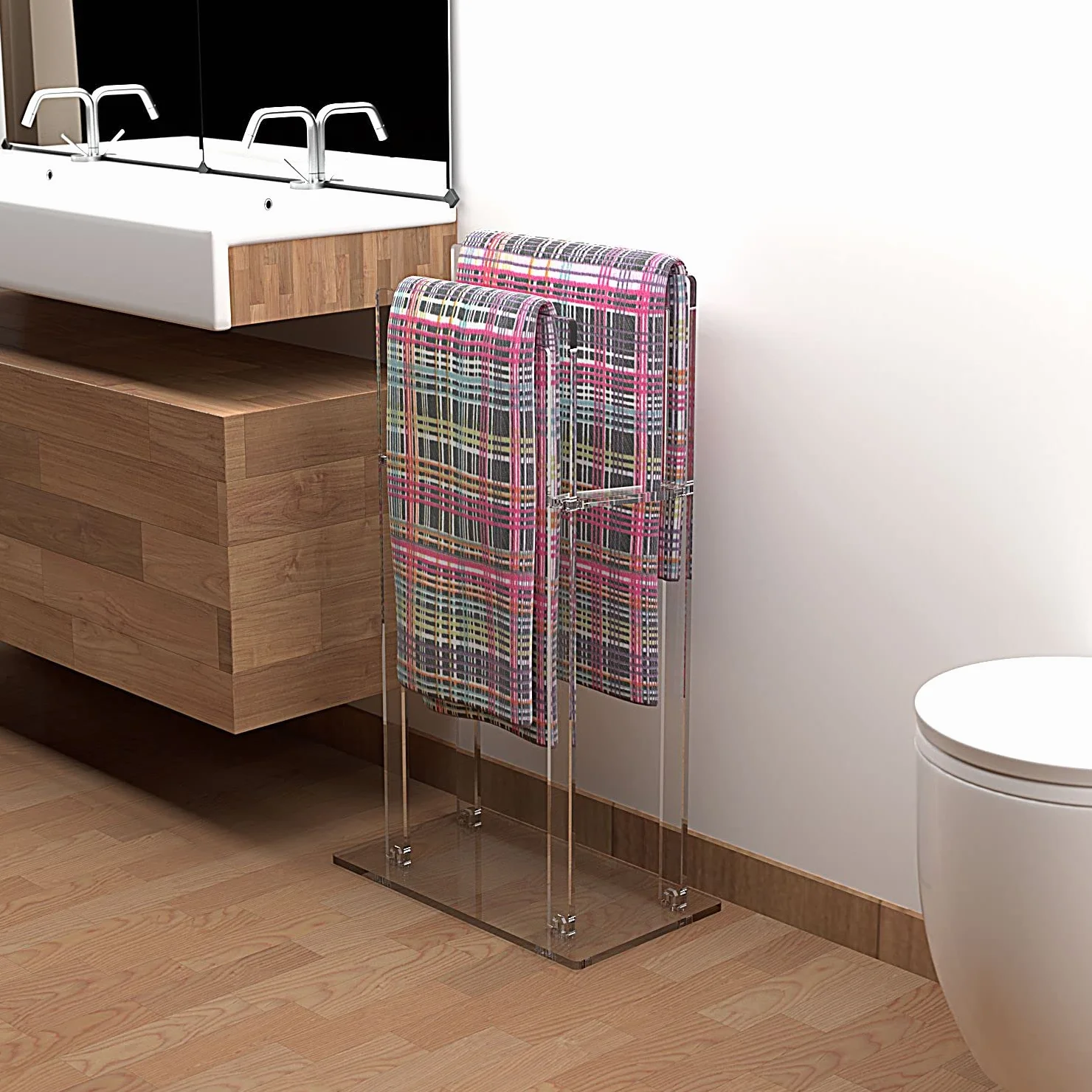 AGPLEX Piantana porta asciugamani bagno da terra in vetro acrilico trasparente 50x28x87cm, Portasciugamani bagno moderno e resistente con supporti antiruggine - Made in Italy