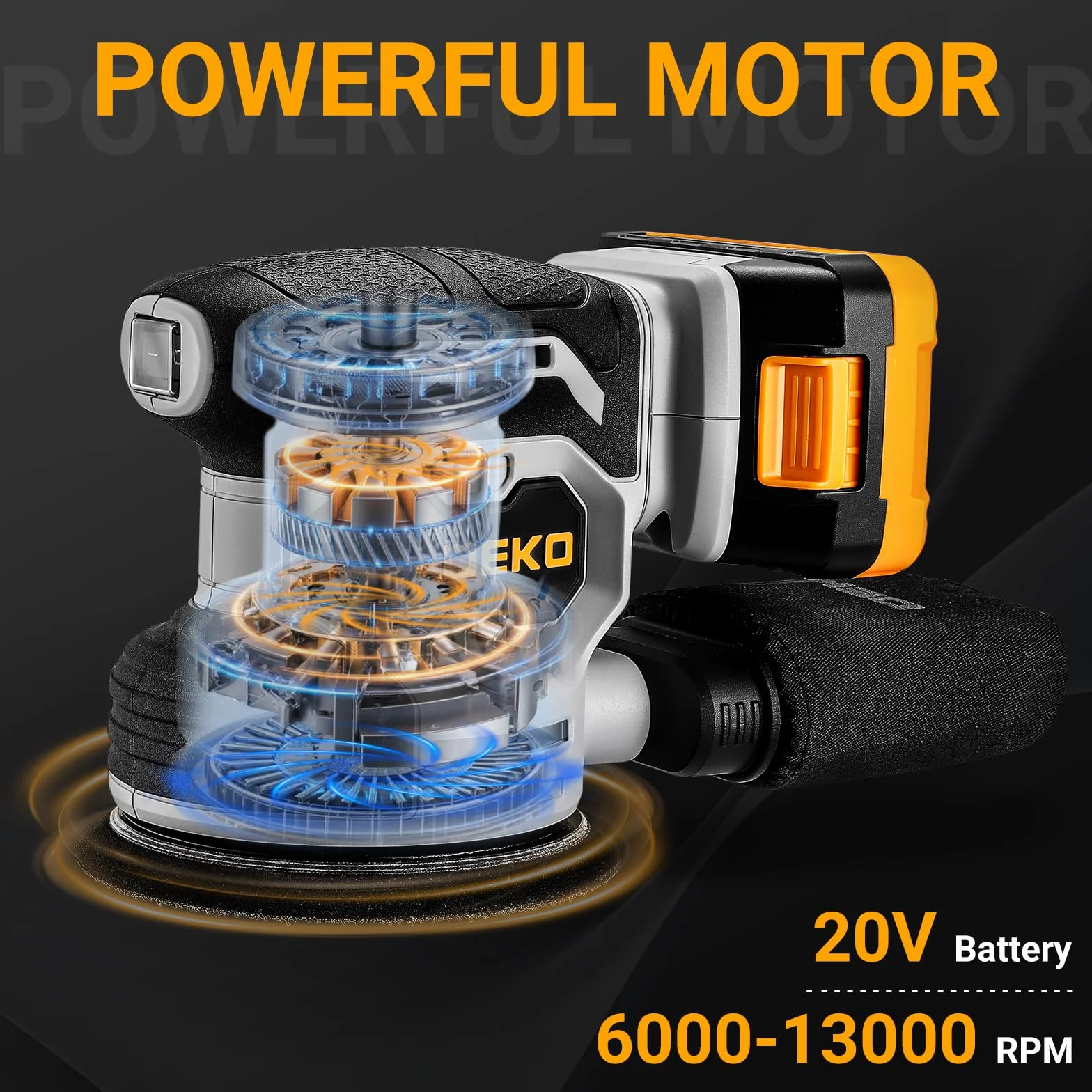 DEKOPRO Levigatrice Orbitale a Batteria 125 mm 13000 RPM 2000mAh con Sacchetto Polvere