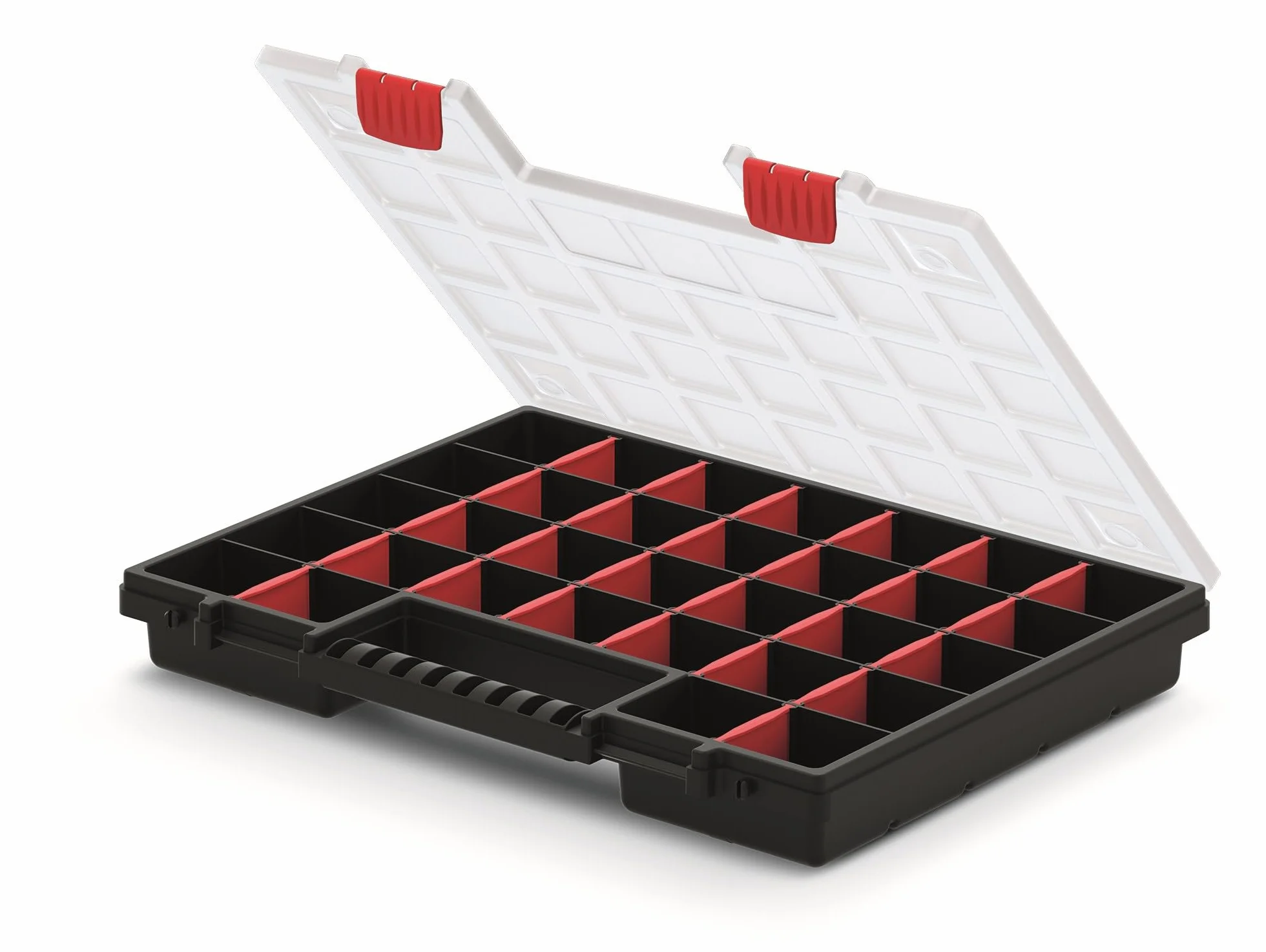 Mivos Scatola di assortimento su entrambi i lati, 399 x 303 x 100 mm, 2 lati, con 64 scomparti regolabili, per viti, per accessori, robusta cassetta degli attrezzi per officina - Made in EU