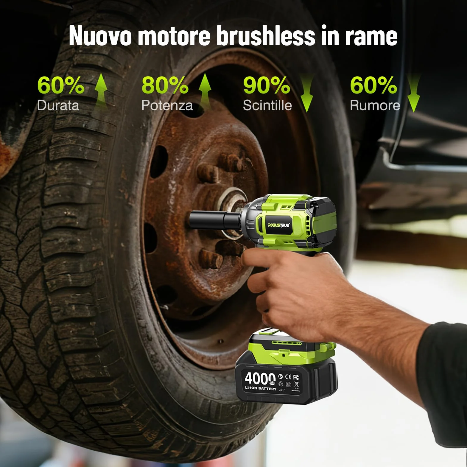 Robustrue Avvitatore a impulsi a batteria 1/2" 800 N·m brushless 2800 giri/min 2 batterie 4,0Ah 4 bussole