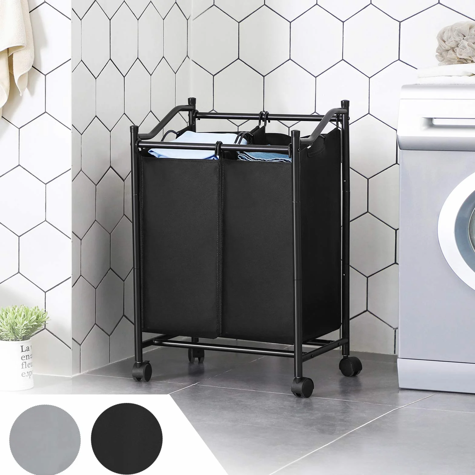 SONGMICS Carrello Porta Biancheria con 2 Sacchi Rimovibili, Ceste per Bucato con Rotelle Universali, capacità Totale di 90 Litri, Nero LSF002BK
