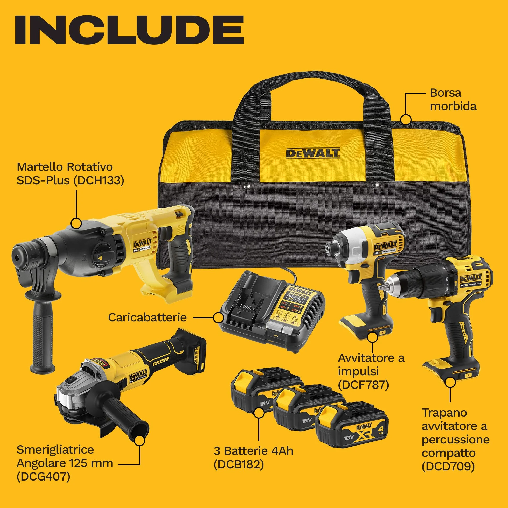 DEWALT Kit Combo 18V 4PC con 3 batterie 4Ah DCK424M3-QW