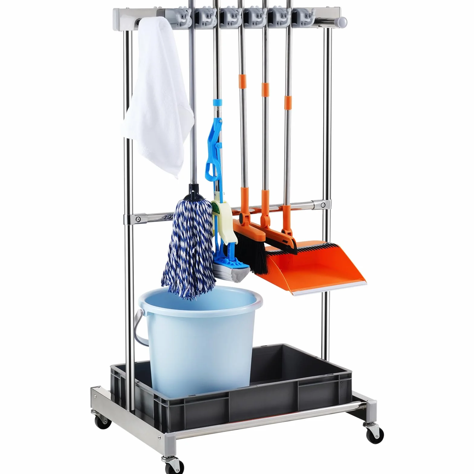 VEVOR Porta Attrezzi da Giardino 10 Slot con Ganci Porta Attrezzi da Garage in Metallo PP con Ruote Organizzazione Stoccaggio Riparo Esterno per Attrezzi, Rastrelli, Scope a Manico Lungo da Officina