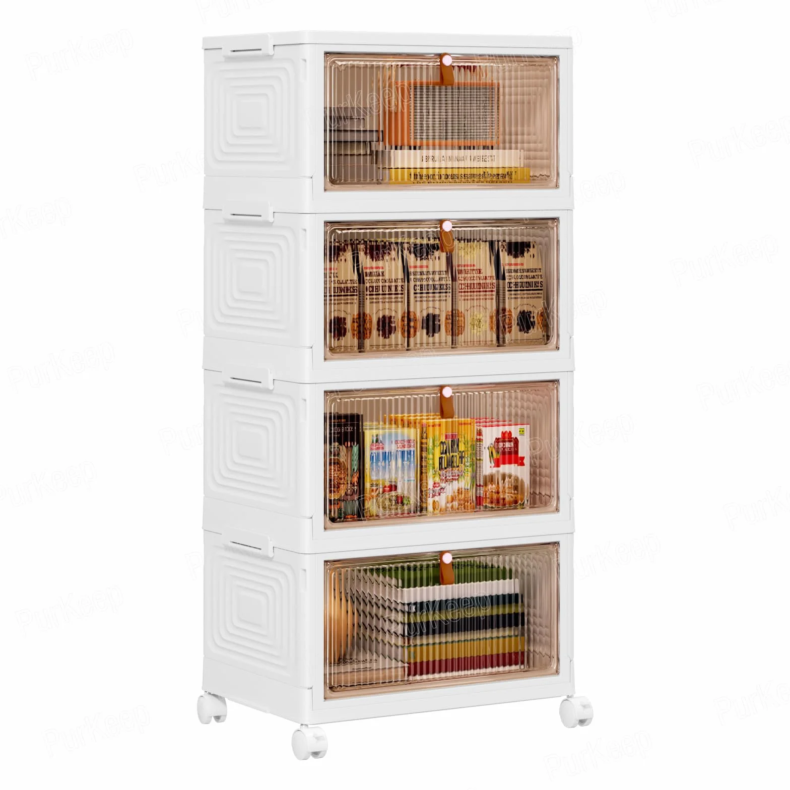 PurKeep Scatole portaoggetti con coperchio, 23 L x 4 ripiani, in plastica, con coperchio, impilabili con ruote, cassetti con porta anteriore, scatola di plastica per casa e ufficio, colore bianco