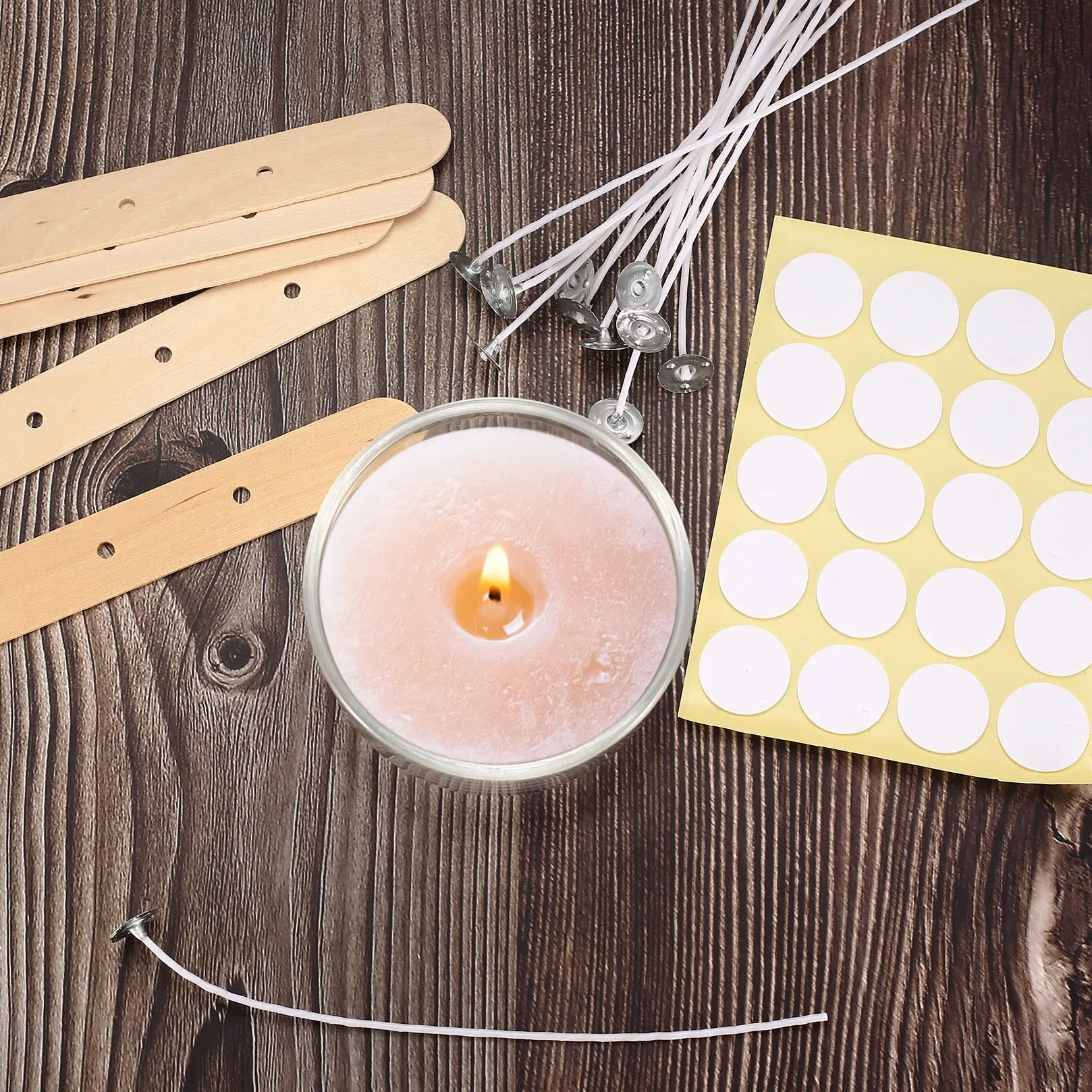 150 Pezzi Stoppini per Candele, Stoppini in Cotone per Candele da 10cm/15cm/20cm, Stoppino per Candele Naturali con Porta Stoppino in Legno e Adesivi per Stoppini Bifacciali, per Fare Candele