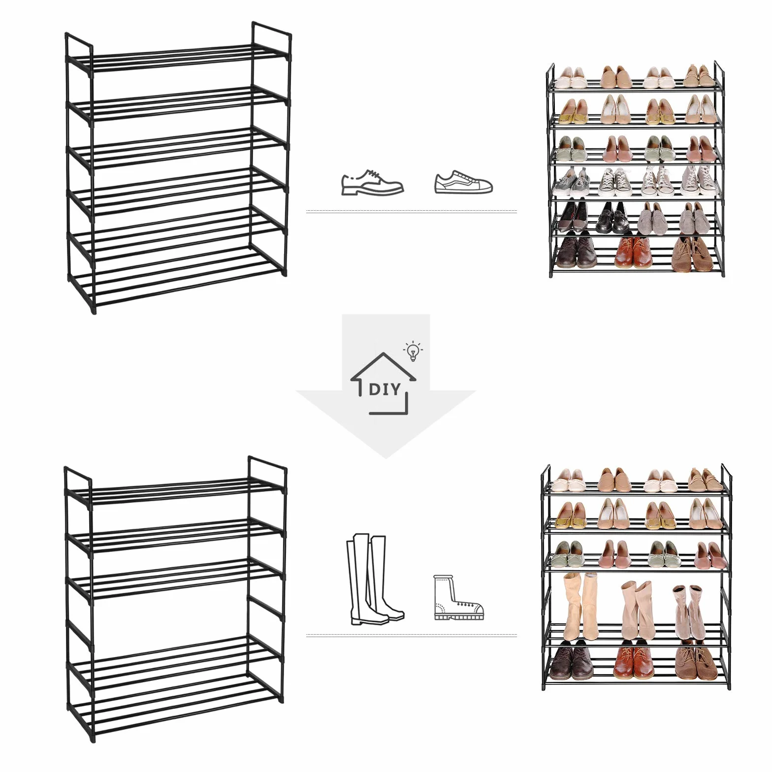 SONGMICS Scarpiera a 3 Ripiani Set di 2 Scaffale Portascarpe in Metallo Impilabile 30 x 92 x 54 cm Nero LSA06BK