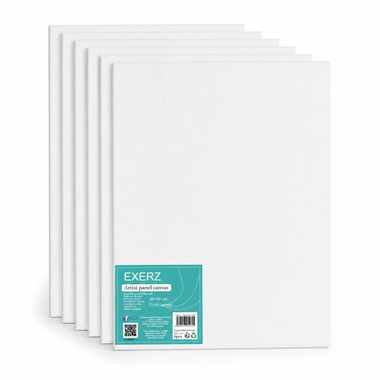 Exerz 30x40cm Pannelli in Tela 6pz - 3mm/ 280gsm/ 100% Cotone Cartoni Telati d’Artista Bianca per Pittura/Vuote/Tre Strati di Gesso/Prive di acidi/Grana Media - Olio o Acrilico