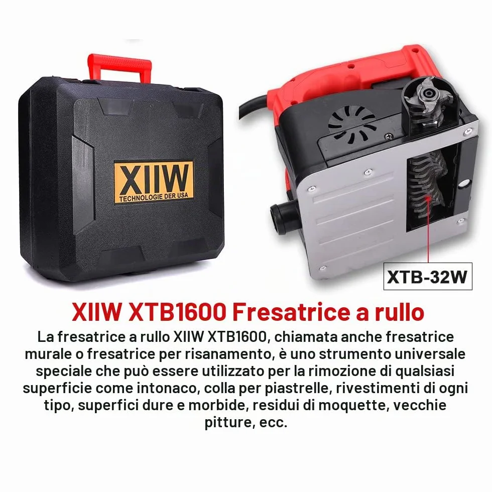 XIIW - Fresa per calcestruzzo, 1600 W, 4000 giri/min, fresatrice a rulli, fresatrice per muri, smerigliatrice per calcestruzzo, fresatrice per pareti per calcestruzzo, gesso, intonaco, malta, vecchie