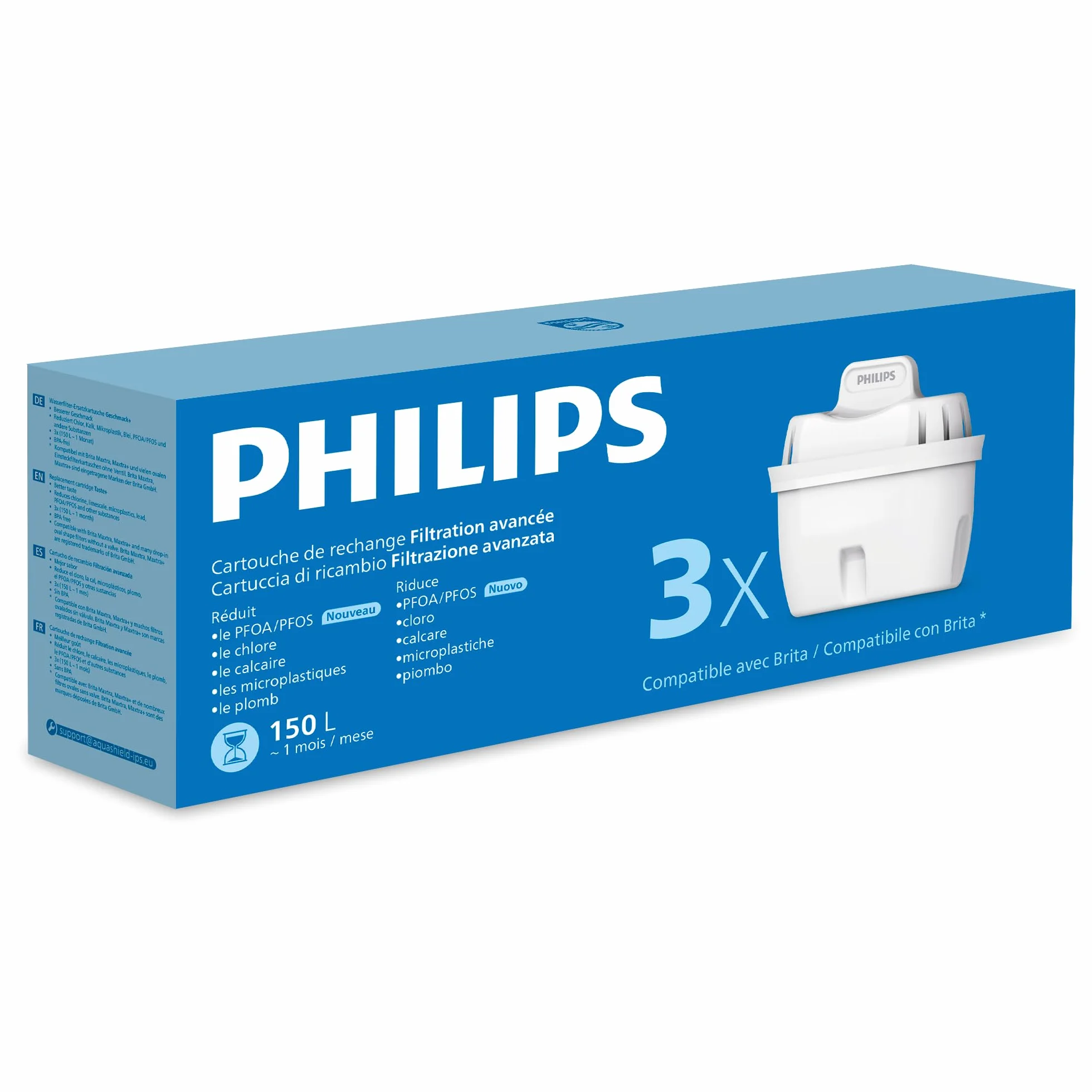 Philips Cartucce filtranti sostitutive Filtrazione Avanzata 3 unità riducono MICROPLASTICA CLORO CALCARE METALLI PESANTI