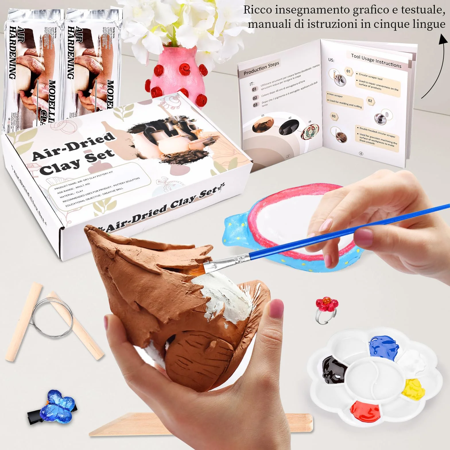 Herenear Kit Ceramica Fai da Te per Principianti, Set Argilla Senza Cottura, Set per Argilla Essiccata all'Aria (Kit Ceramica)