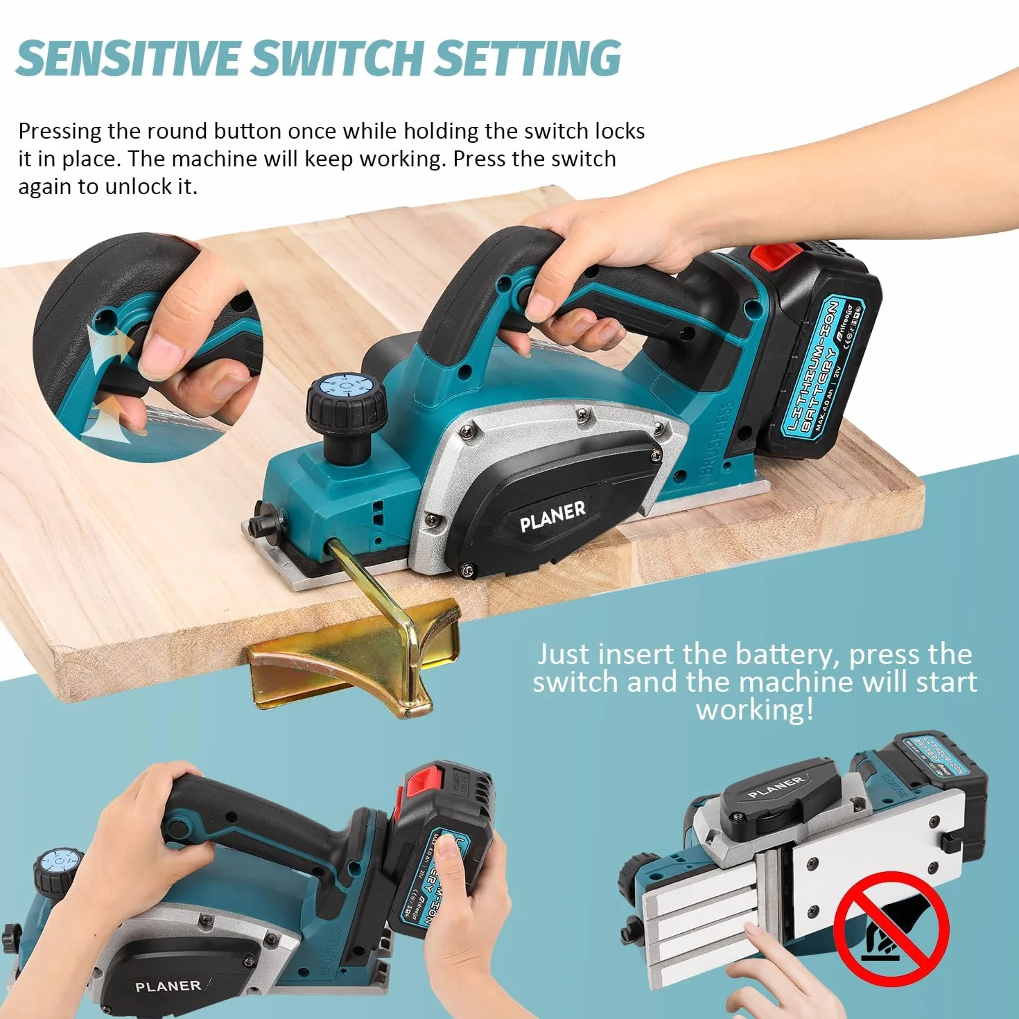 Pialla Elettrica per Legno Pialla Senza Fili compatibile con Makita 18V batteria, Piallatrice Elettrica Portatile da 15000RPM, Profondità Regolabile da 0 a 2 mm per falegnameria, mobili fai-da-te