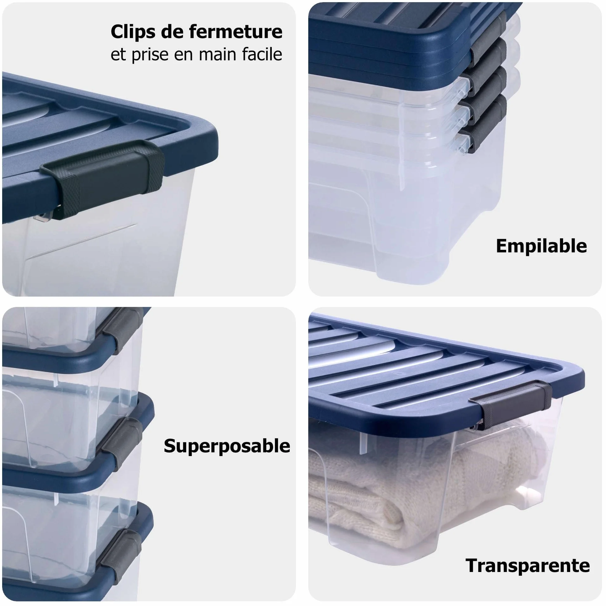 SUNDIS Wave Box, scatola portaoggetti 10l, con coperchio a clip, plastica trasparente, impilabile, ideale per la camera da letto, lo spogliatoio, le scarpe, l'ufficio