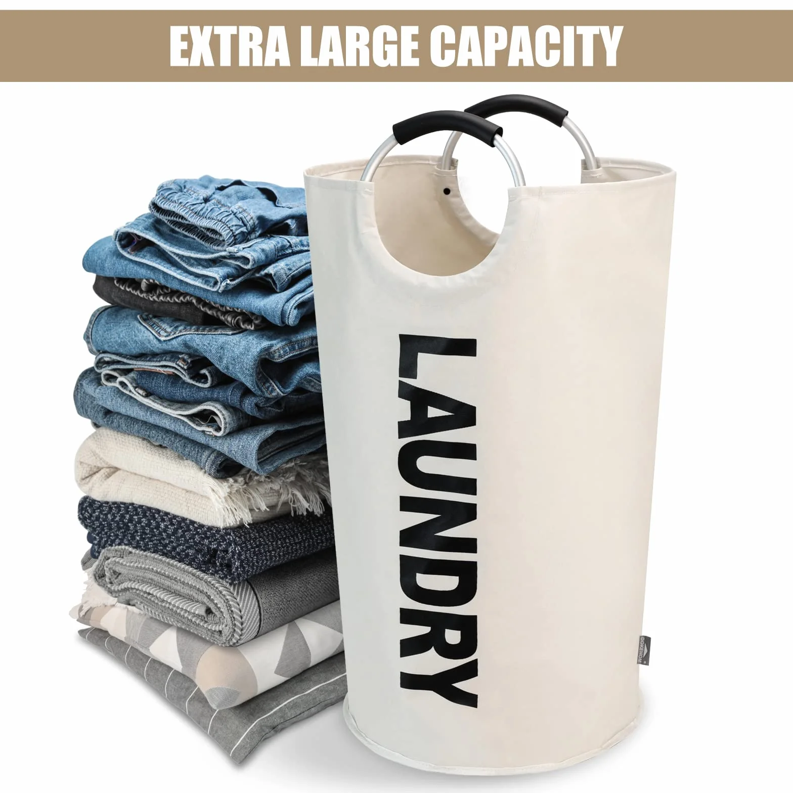 DOKEHOM 90L Grandi Cesto per la Biancheria, Sacco per il Bucato Pieghevole, Cesta Alta Autoportante per Vestiti, Cesto per Lavanderia Pieghevole (Beige)