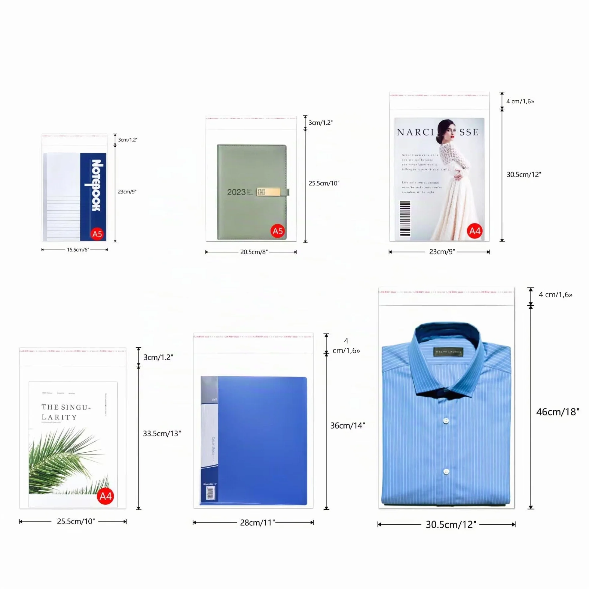 Buste Trasparenti Adesivo 100 Pezzi 30x46cm Sacchetti in Cellophan Autoadesivi 50µm Sacchettini Cellophane OPP Plastica con Abbigliamento per T-shirt Pantaloni A3 A4 (6 Misure a Scelta)