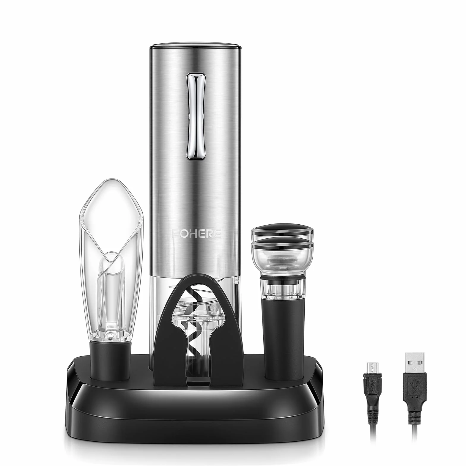 FOHERE Cavatappi Elettrico per Vino, Ricaricabile USB, Apribottiglie Elettrico con Taglia Capsula, Versatore, Tappo a Vuoto e Cavo USB, Base di ricarica