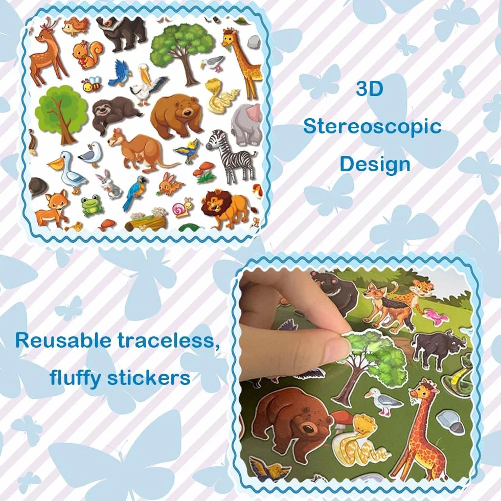 Libro adesivo riutilizzabile Farma+ per bambini 1-4 anni: 6 set di adesivi gonfiati - animale, dinosauro, mondo marino, spazio, veicolo