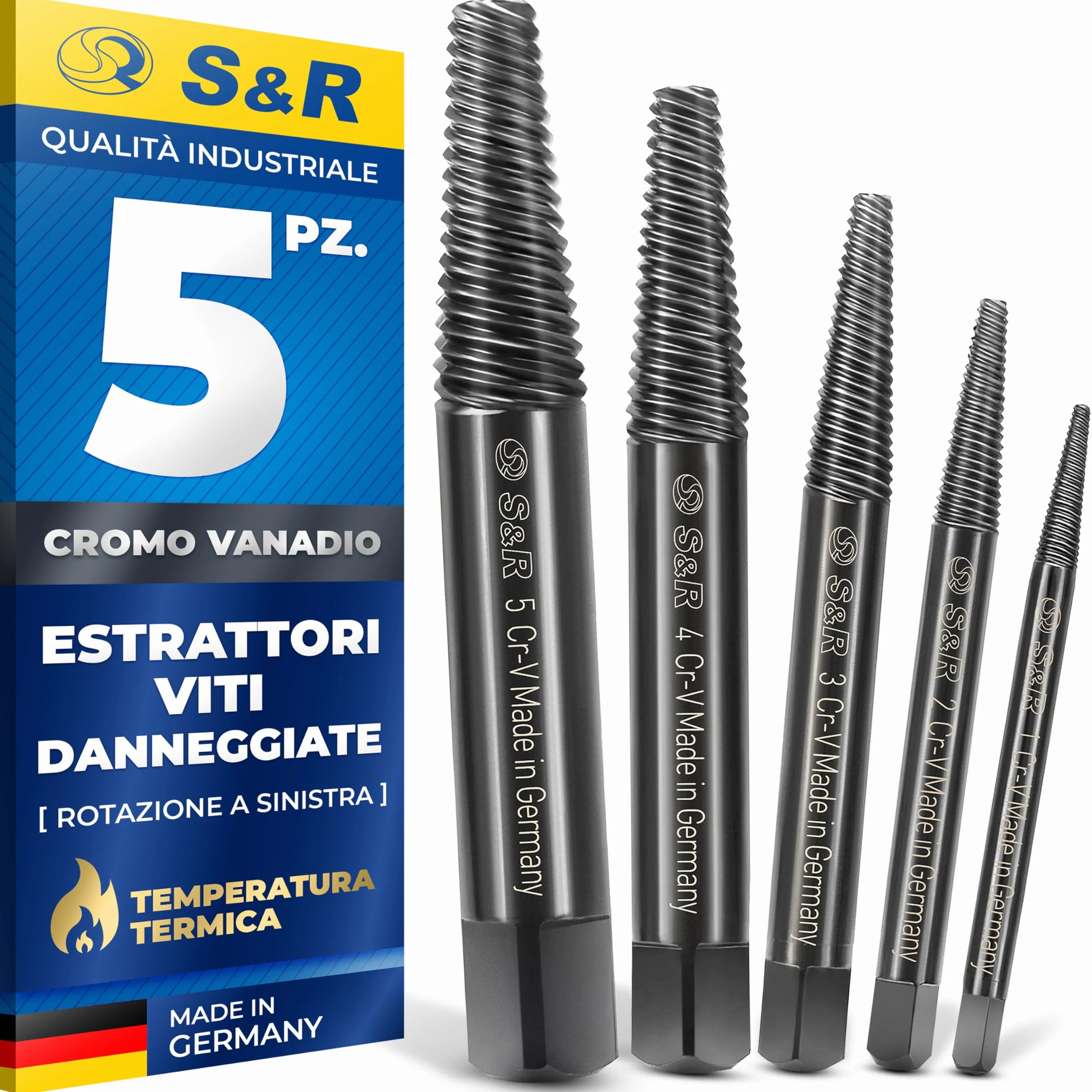 S&R Estrattore Viti Danneggiate Rotazione a SINISTRA Set 5 pz MADE IN GERMANY Per Viti e Bulloni da 3 a 18 mm