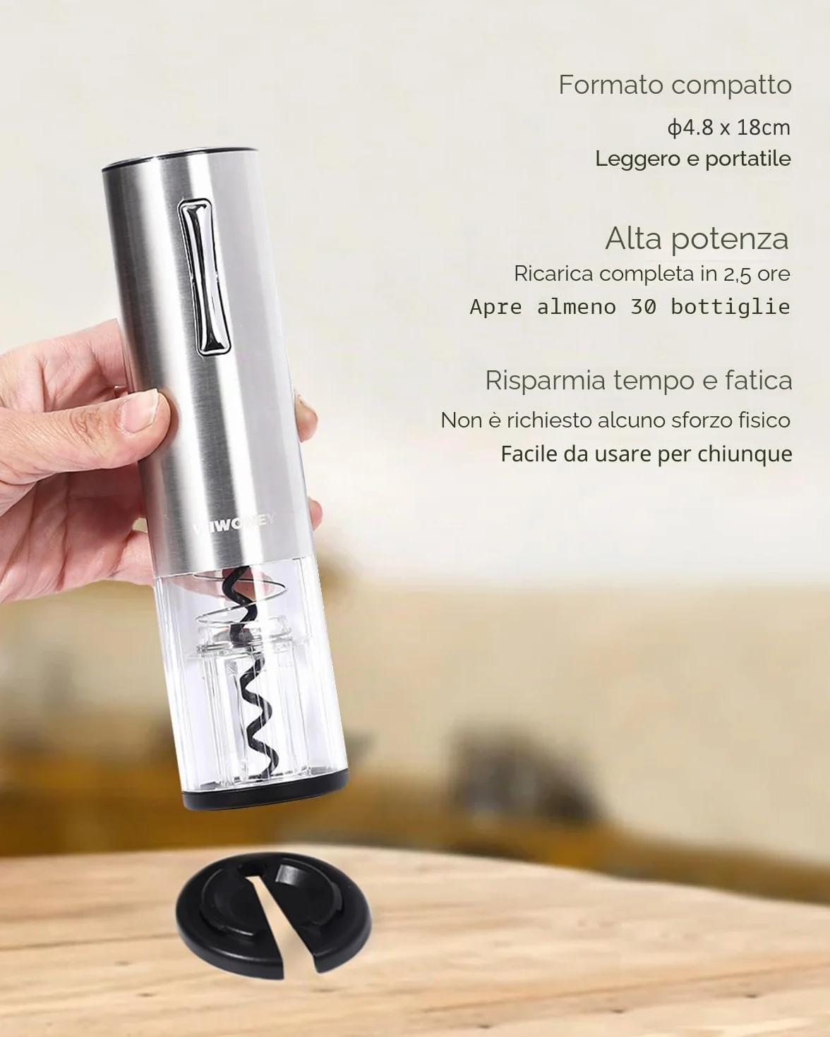 Cavatappi Elettrico Ricaricabile in Acciaio INOX, Apribottiglie Elettrico Professionale con Dispositivo di Rimozione Della Iamina e Cavo di Ricarica Micro USB