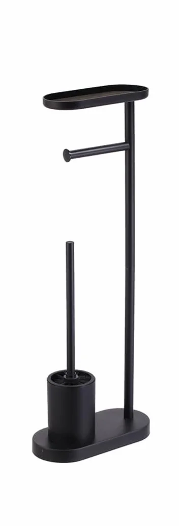 BM Portarotolo da Bagno con Scopino e Mensola in Metallo – Piantana WC 3 in 1 Nera Opaca, design moderno, supporto carta igienica con vassoio superiore, base stabile antiscivolo (Metallo)