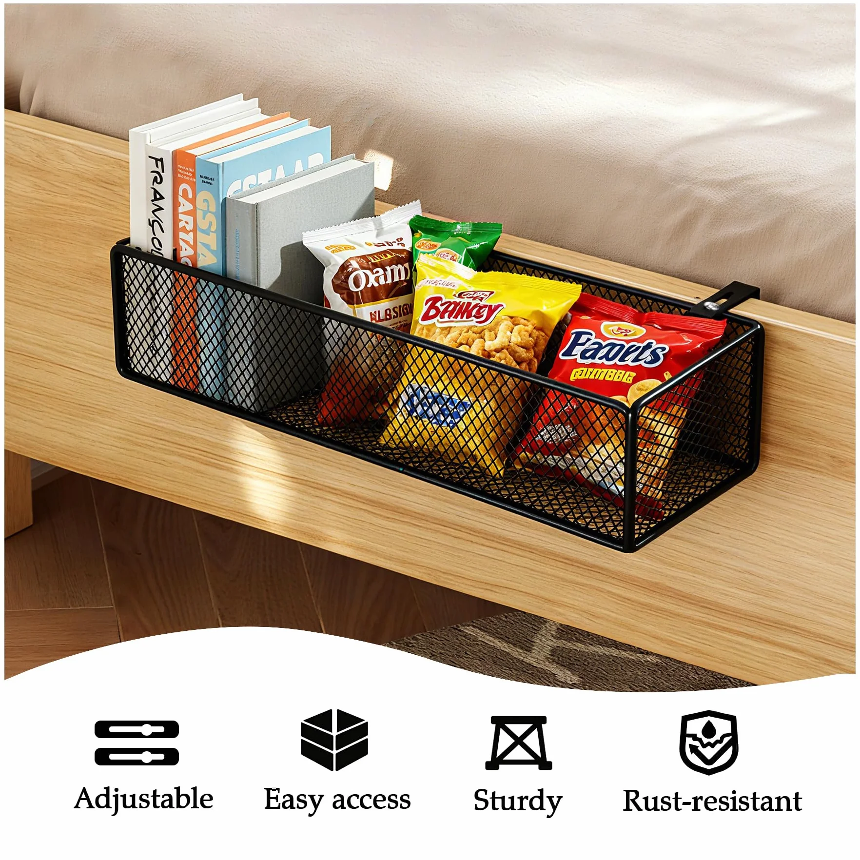 cesto portaoggetti da appendere al comodino, organizer da appendere per letto a castello per libri, telefono, occhiali, riviste, scaffale laterale in metallo a rete per casa, ufficio, scuola