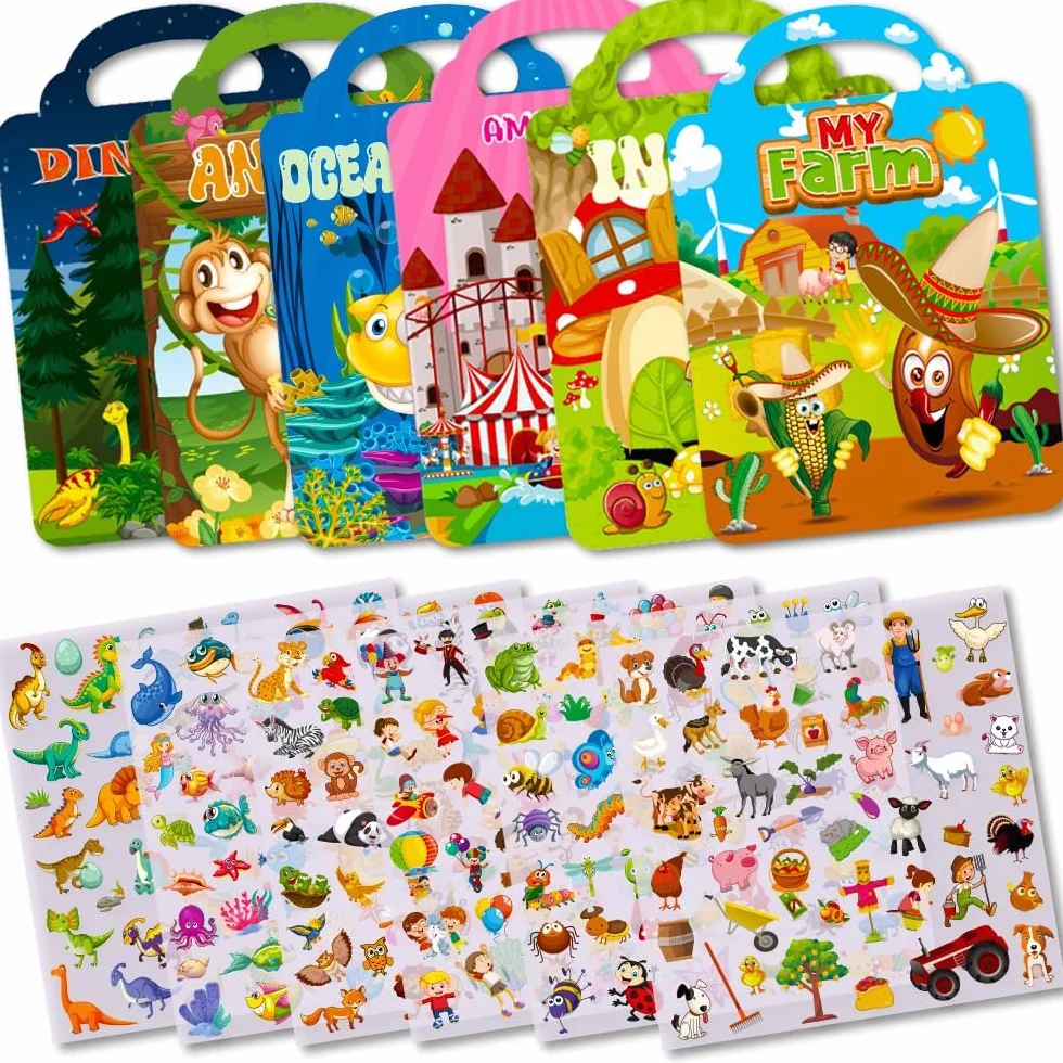 6 Pezzi Libri Stickers Bambini Attacca Stacca Per 2 3 4 5 Anni, Libro Di Adesivi 3D Riutilizzabili Per Bambini include Animali,Fattoria, Dinosauri,Animali Del Mare, Insetti, Parco Divertimenti