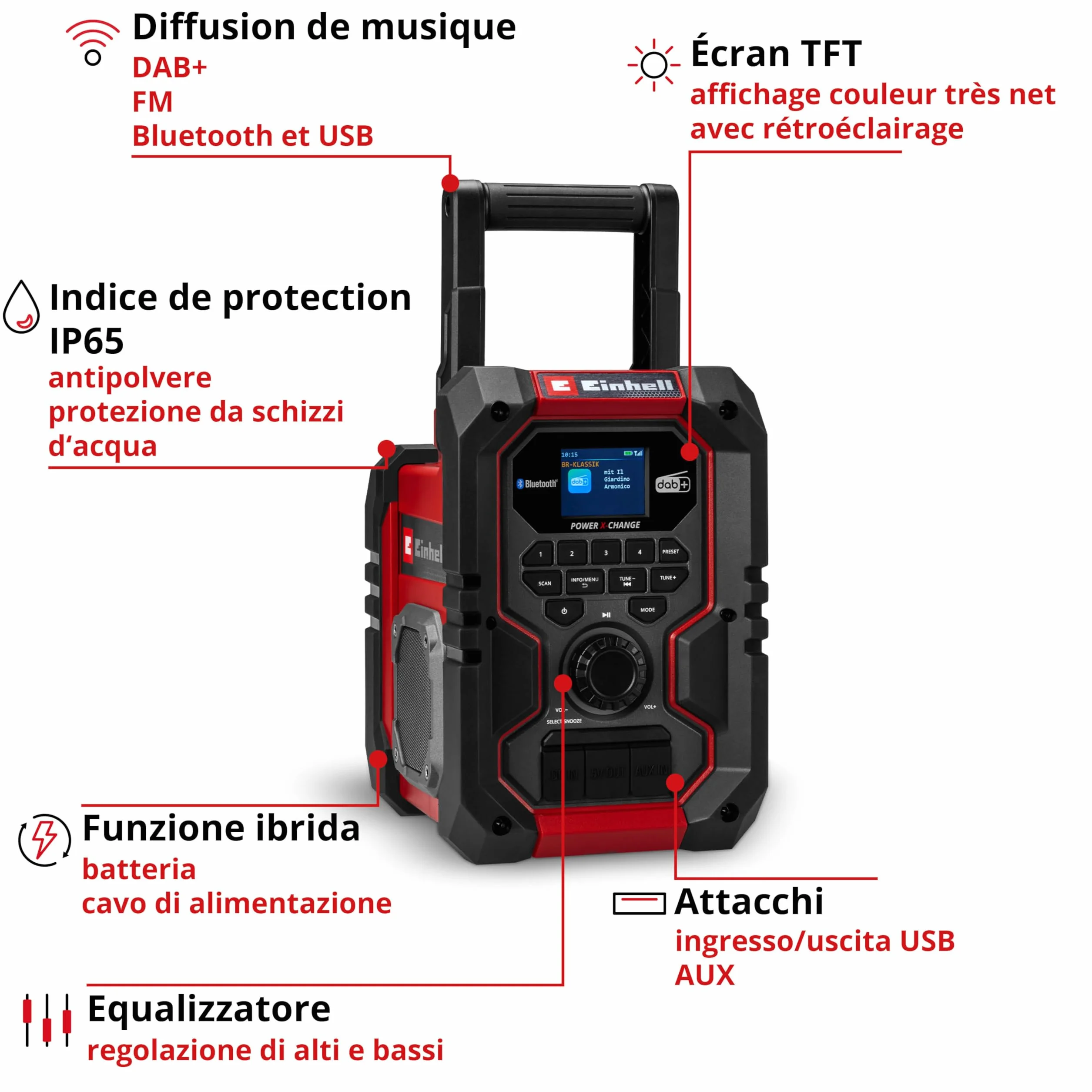 Radio da cantiere Einhell TE-CR 18 Li DAB+/FM/BT - Solo Power X-Change (18 V, DAB+, FM, Bluetooth, AUX, USB, ricerca automatica dei canali, display TFT a colori, IP65, senza batteria)