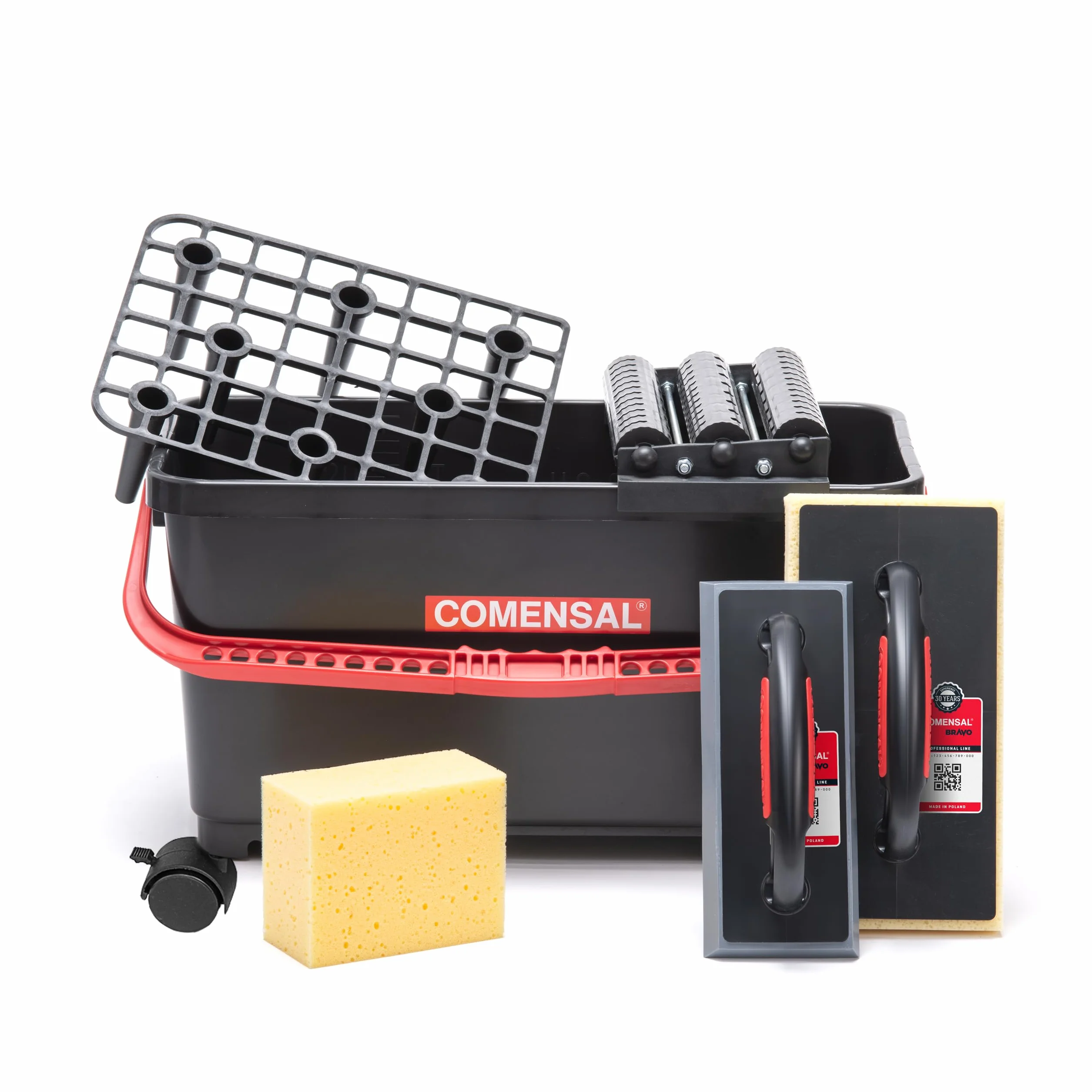 COMENSAL® Set per il Lavaggio Delle Piastrelle in 9 Parti - Set Lavaggio Piastrelle Dopo la Stuccatura - Secchio 24L - con Ruote - Attacco a Rullo - Lastra per Fughe - Spugna - Made in EU