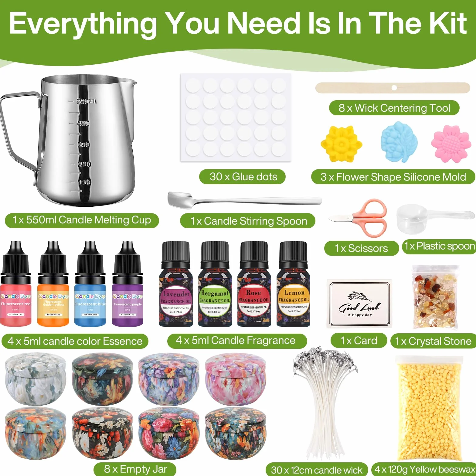 BBLTIFF Kit Candele Fai Da Te, Kit per Fabbricazione Candele, Kit per Candele con 480 g Di Cera d'api, 8 Vasetti di Candele, 4 Essenze Colorate e 4 Fragranze ect, per Principianti DIY Set Regalo
