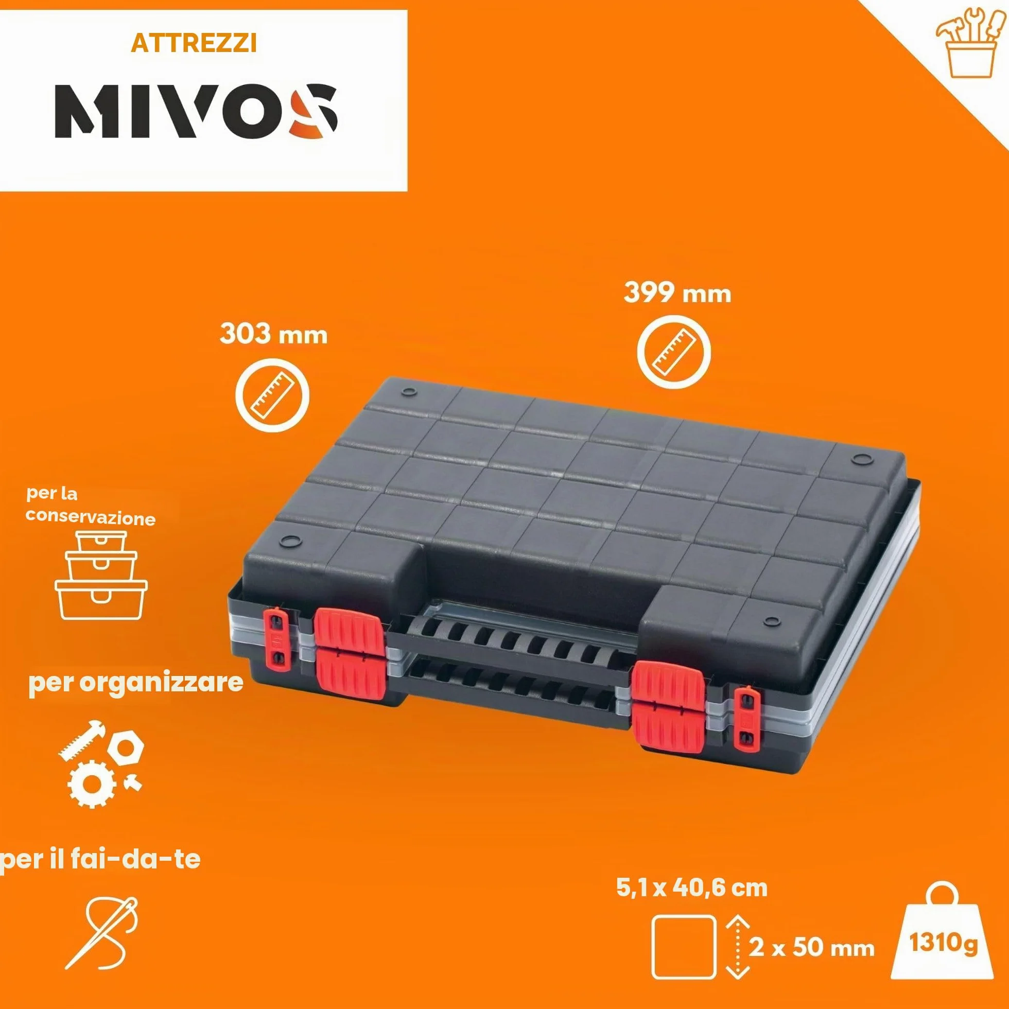 Mivos Scatola di assortimento su entrambi i lati, 399 x 303 x 100 mm, 2 lati, con 64 scomparti regolabili, per viti, per accessori, robusta cassetta degli attrezzi per officina - Made in EU