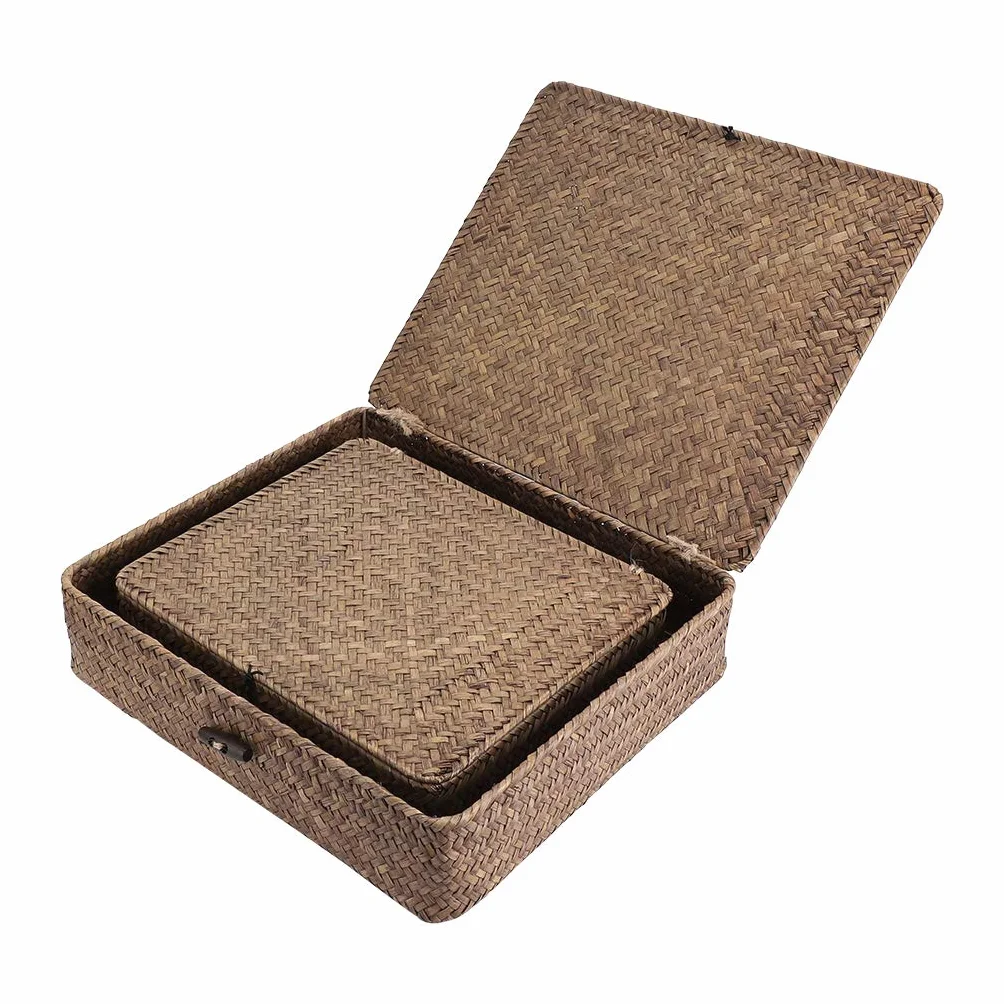 SUMNACON 2 cestini in rattan naturale con coperchio, fatti a mano, per cucina, bagno, camera da letto, grandi e piccoli (rettangolari, marroni)
