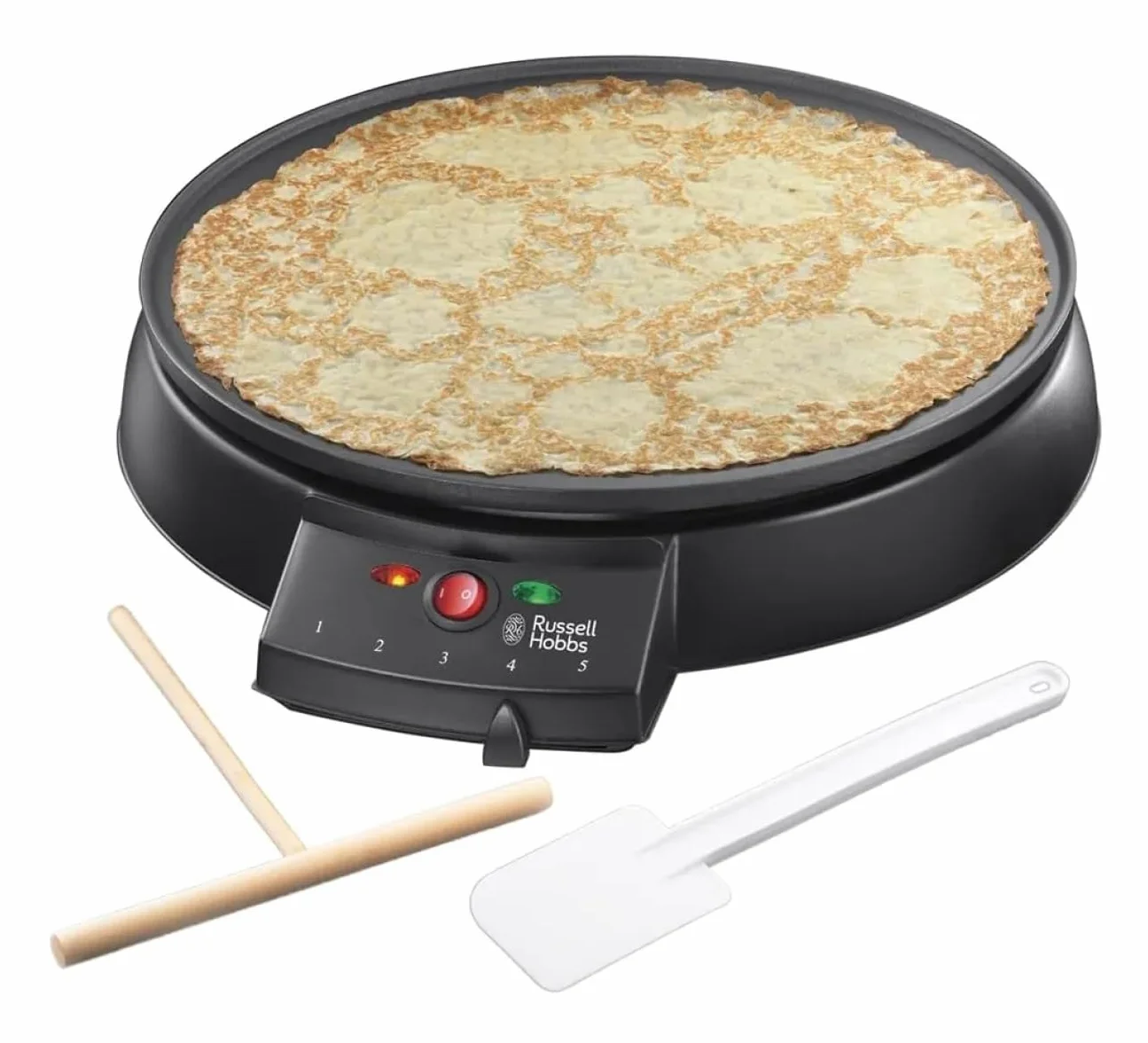 Russell Hobbs Padella Crepes, Crepiera, Crepes, Piastra Antiaderente, Temperatura Regolabile, 1000 W, Spatola E Accessorio Crepes Inclusi, Acciaio Inox, 20920-56