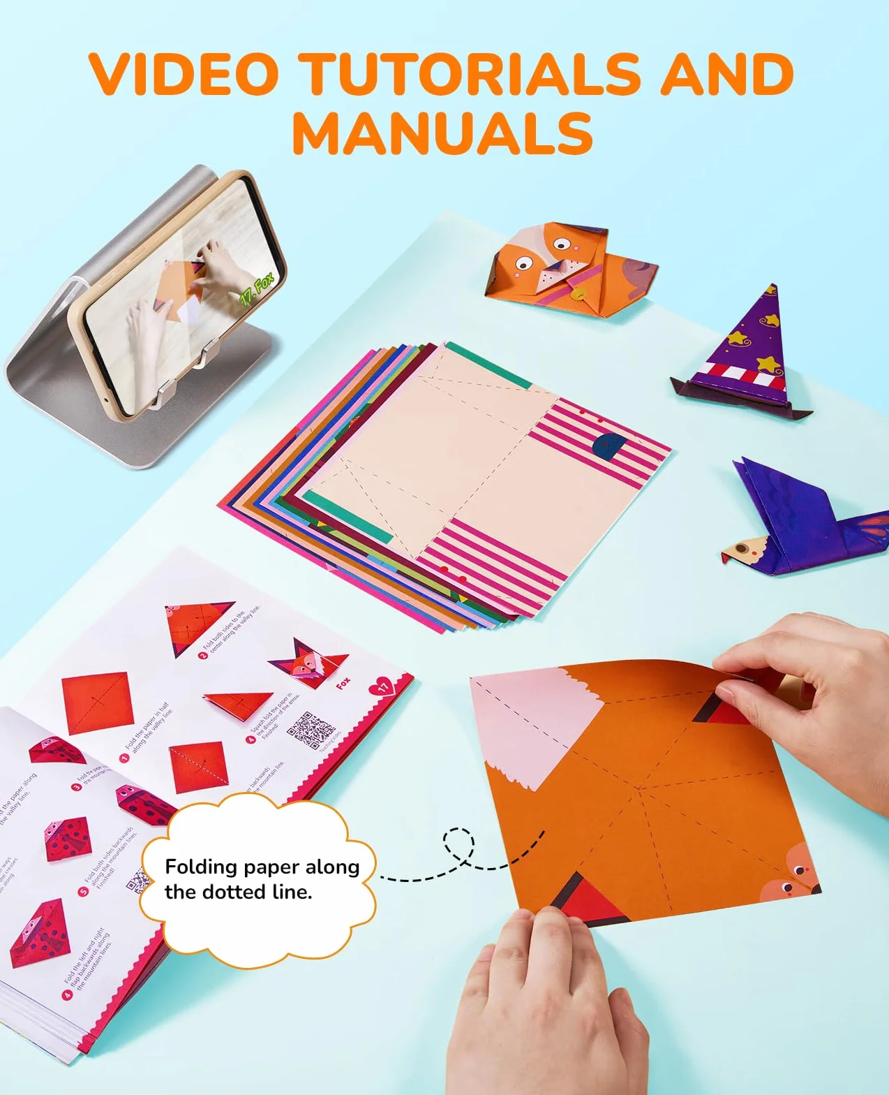 JoyCat 360 Fogli Carta Origami per Bambini 15x15 cm 160 File di Origami Vividi a Doppia Faccia, 200 Carta Pratica con Manuale di Insegnamento Colorato - Set di Cartoncini Colorati