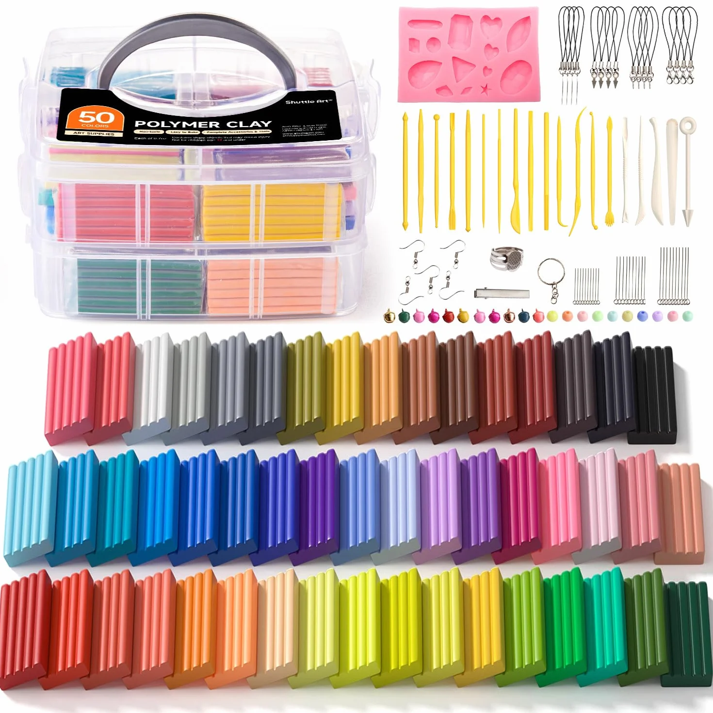 Shuttle Art Kit argilla polimerica, 50 colori, kit argilla da modellare morbida al forno, 19 strumenti per intaglio e 10 tipi di accessori, antiaderente, non tossico per i bambini