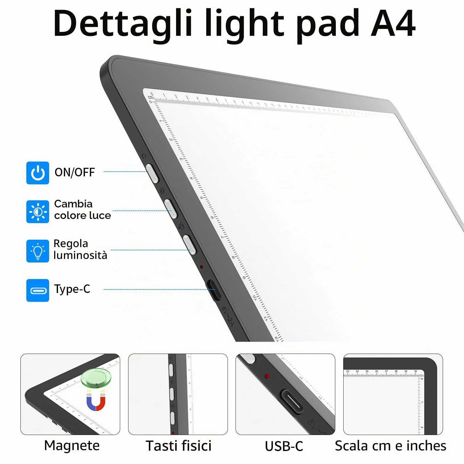 TOHETO Tavolo luminoso A4 per pittura con diamanti, blocco luminoso magnetico super luminoso con pulsanti laterali, scatola luminosa per tracciatura e disegno, tavolo luminoso cablato per schizzi