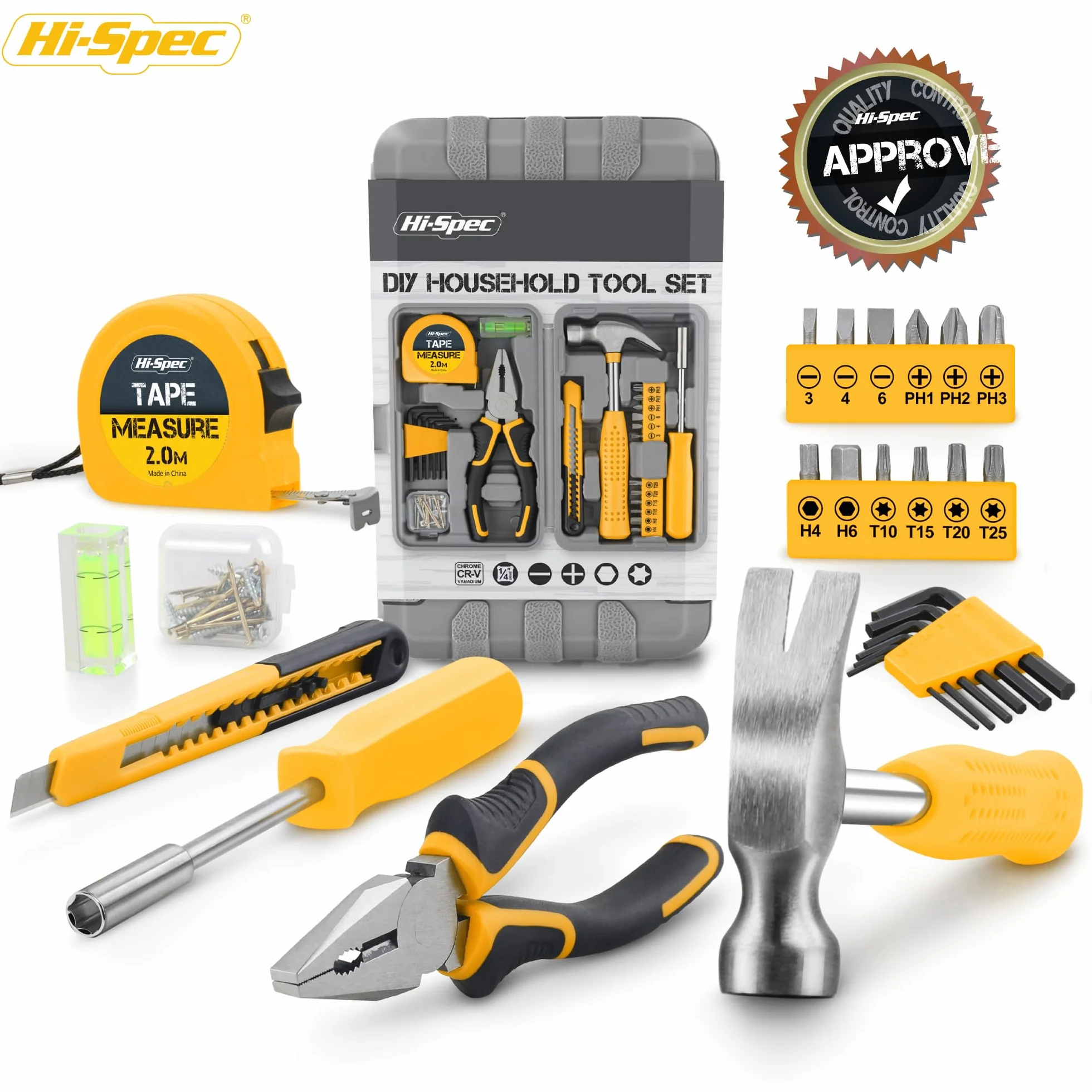 Hi-Spec Set Attrezzi Cassetta Completa Compatta 25 Pezzi Valigetta Portatile Giallo