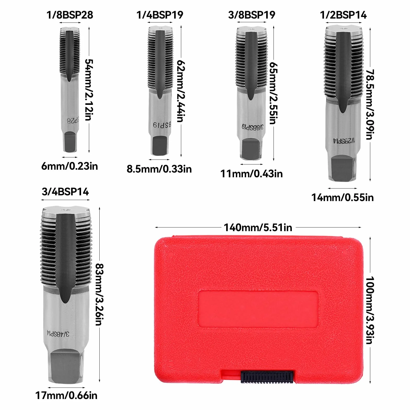 Set di 5 trapani per filettatura tubi BSP: 6,3 mm, 12,7 mm, 9,5 mm, 12,7 mm, 19 mm. Set di trapani per filettatura professionale per riparazioni, con scatola