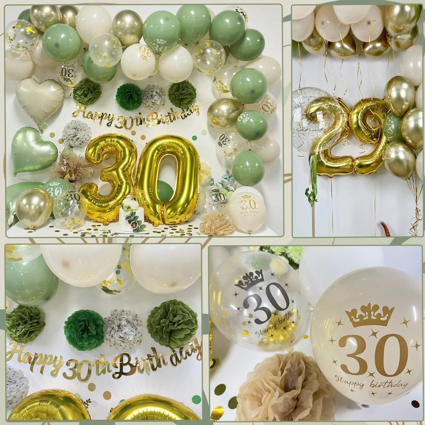 Palloncini 30 Anni Compleanno Verde Oro,Decorazioni 30 anni Compleanno Donna Uomo,Festone Happy 30th Birthday,Pompons, Palloncino Cuore Riutilizzabile,30 Anni Decorazioni Festa Compleanno