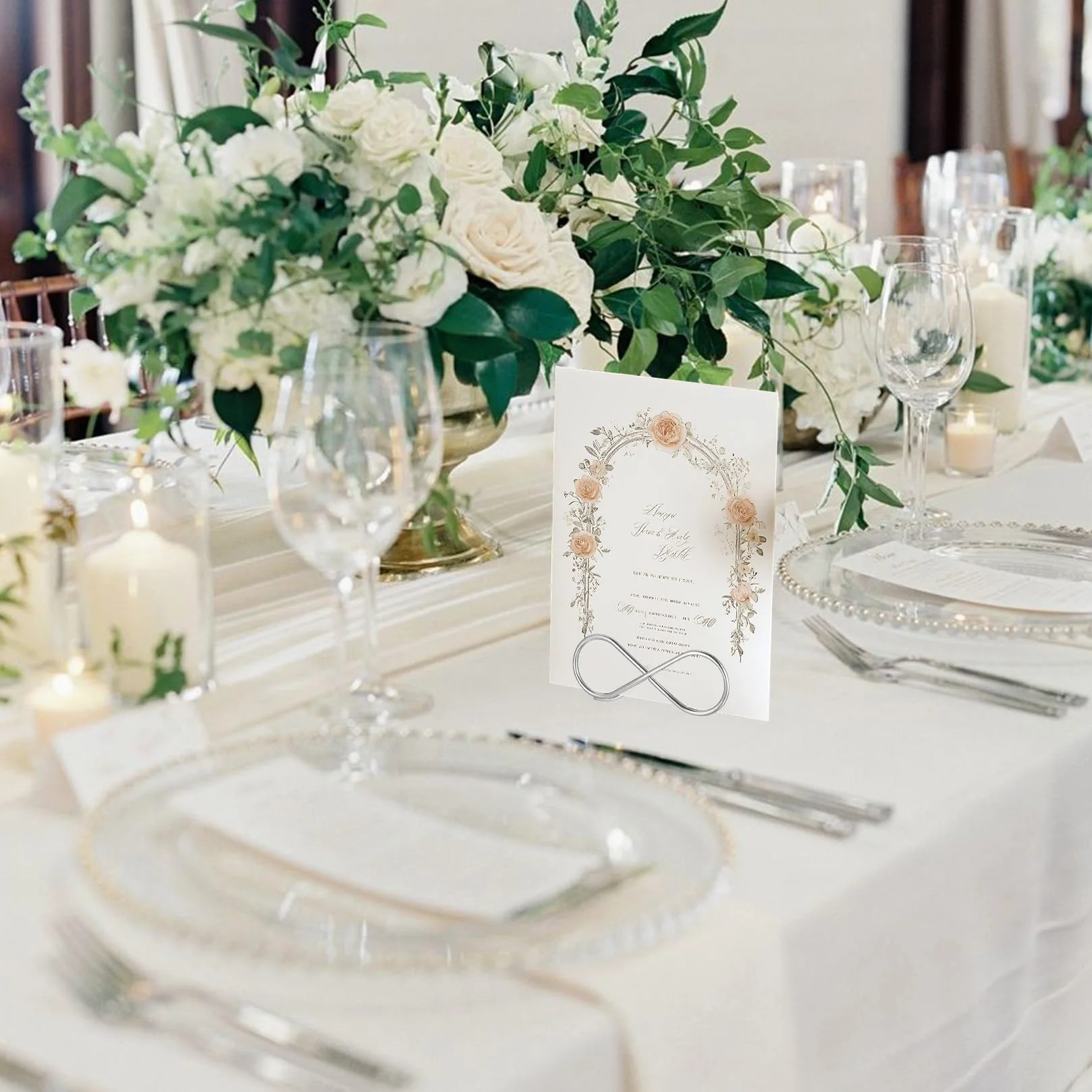 16 Pz Argento Porta Segnaposto Matrimonio, Portafoto Segnaposto Tavolo, Porta Foto Metallo a Forma di 8, Porta Numeri da Tavolo Matrimonio, Supporto per Numero Tavolo Feste di Compleanno di Comunione