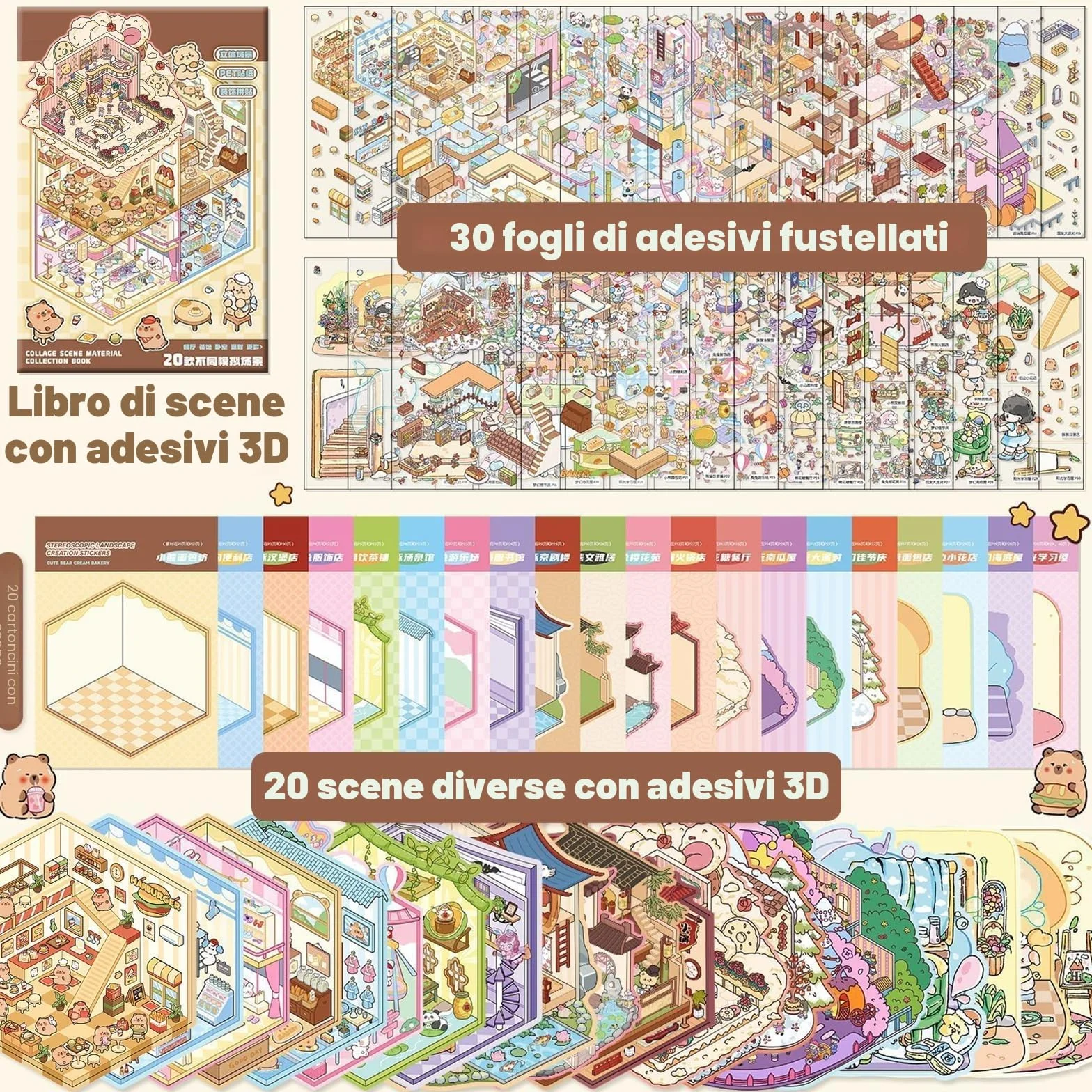 20 Set Adesivi 3D per Scena in Miniatura, Libro DIY Sticker Scene Casa, Scene Carine Café Libreria Parco, Adesivi Fai da Te per Adulti e Principianti con Pinzette, Sticker Therapy Antistress Creativa