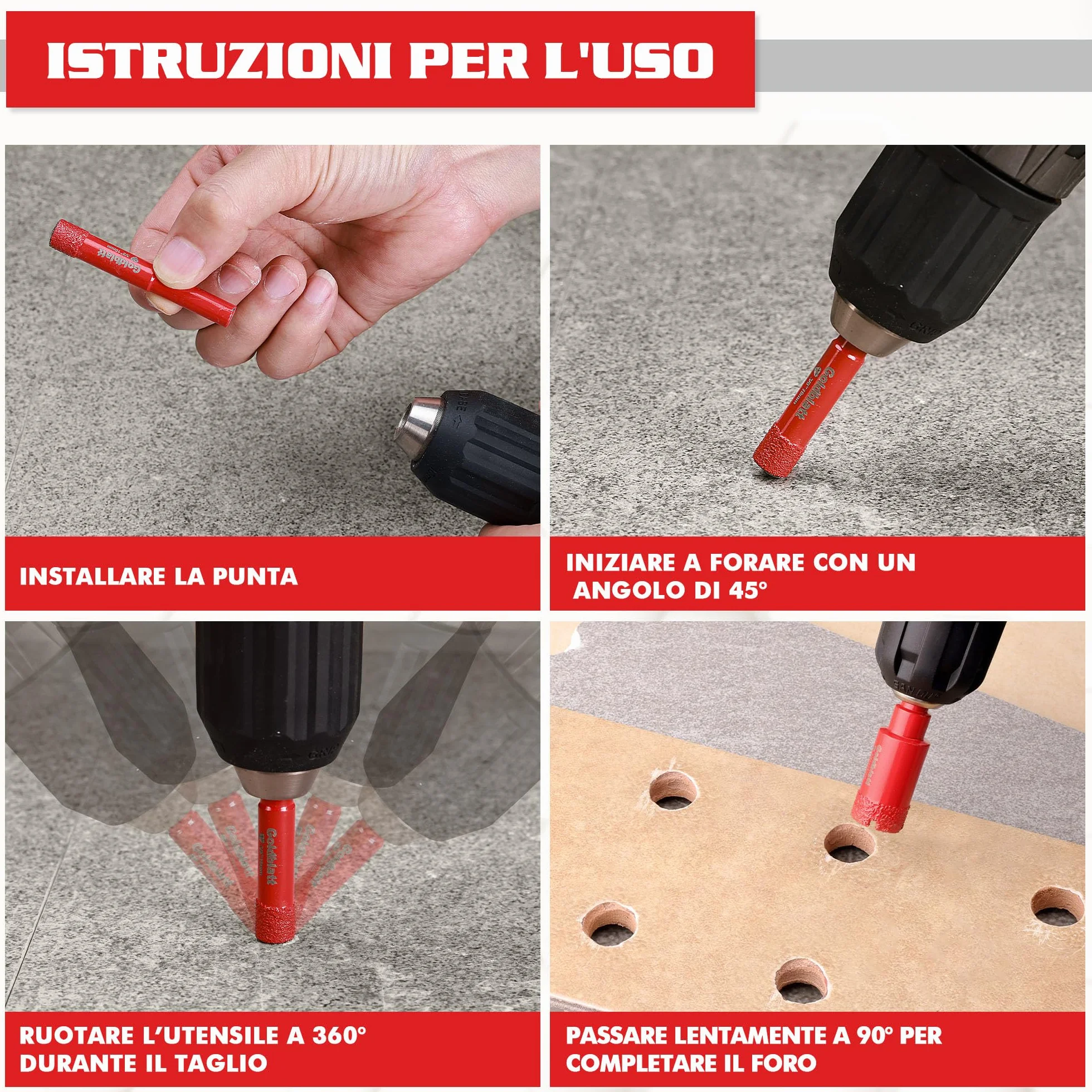 Goldblatt Set Punte Diamantate Per Piastrelle 5 Pezzi Con 6/8/10/20 mm Per Forature Precise Su Ceramica Marmo Granito Gres Porcellanato