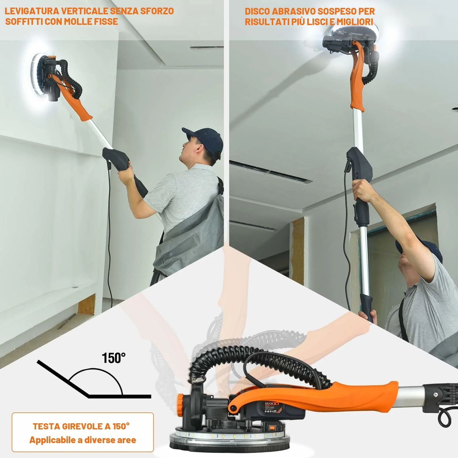 MAXXT Levigatrice per cartongesso Pieghevole 820W 225mm Con aspirazione polvere LED