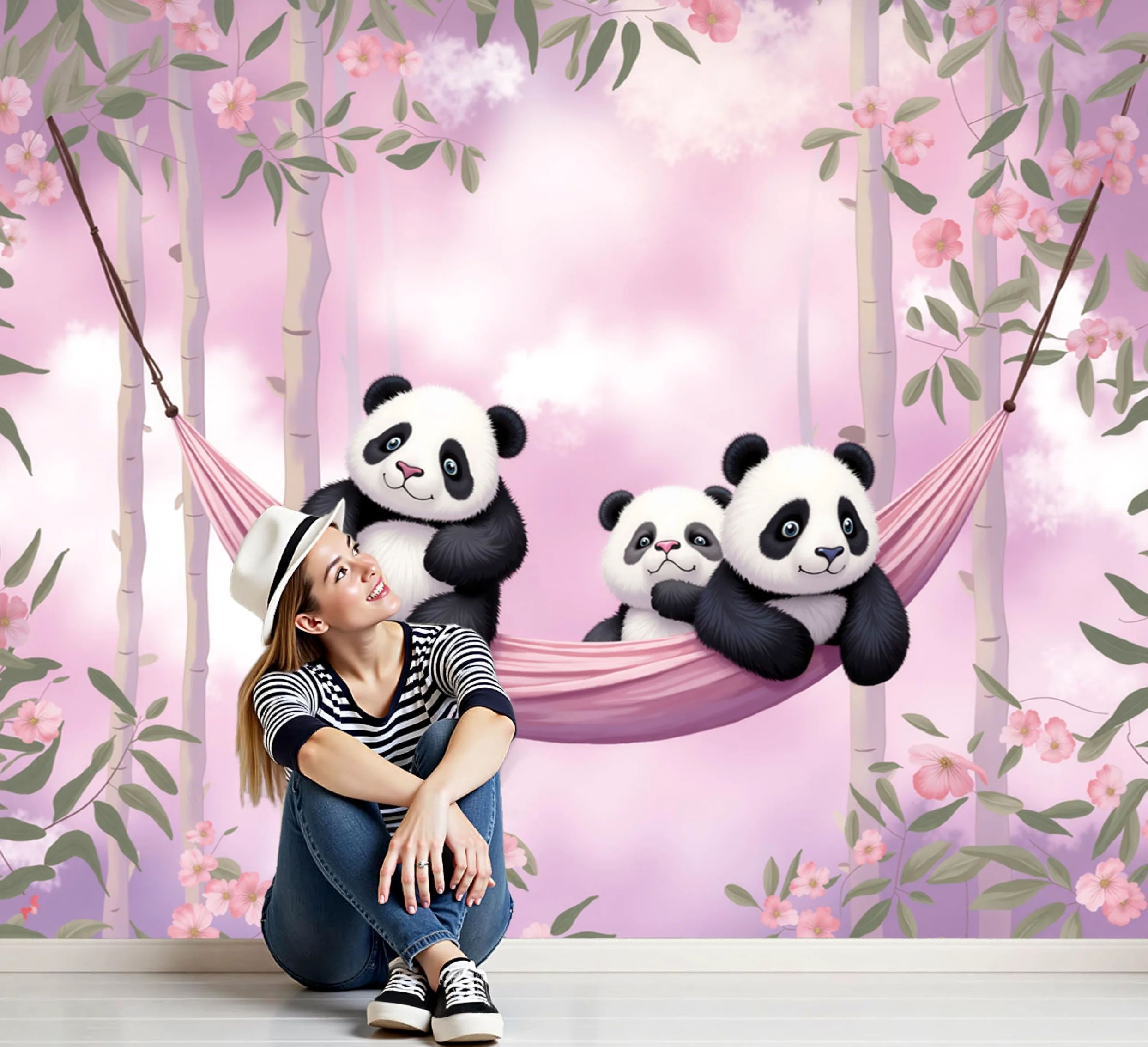 Carta da Parati no Adesiva Muro Fiori e nuvole Carta da Parati Camera da Letto Panda animale per Home DIY Decoration Wall no Adesiva rosa Muro 350x256cm