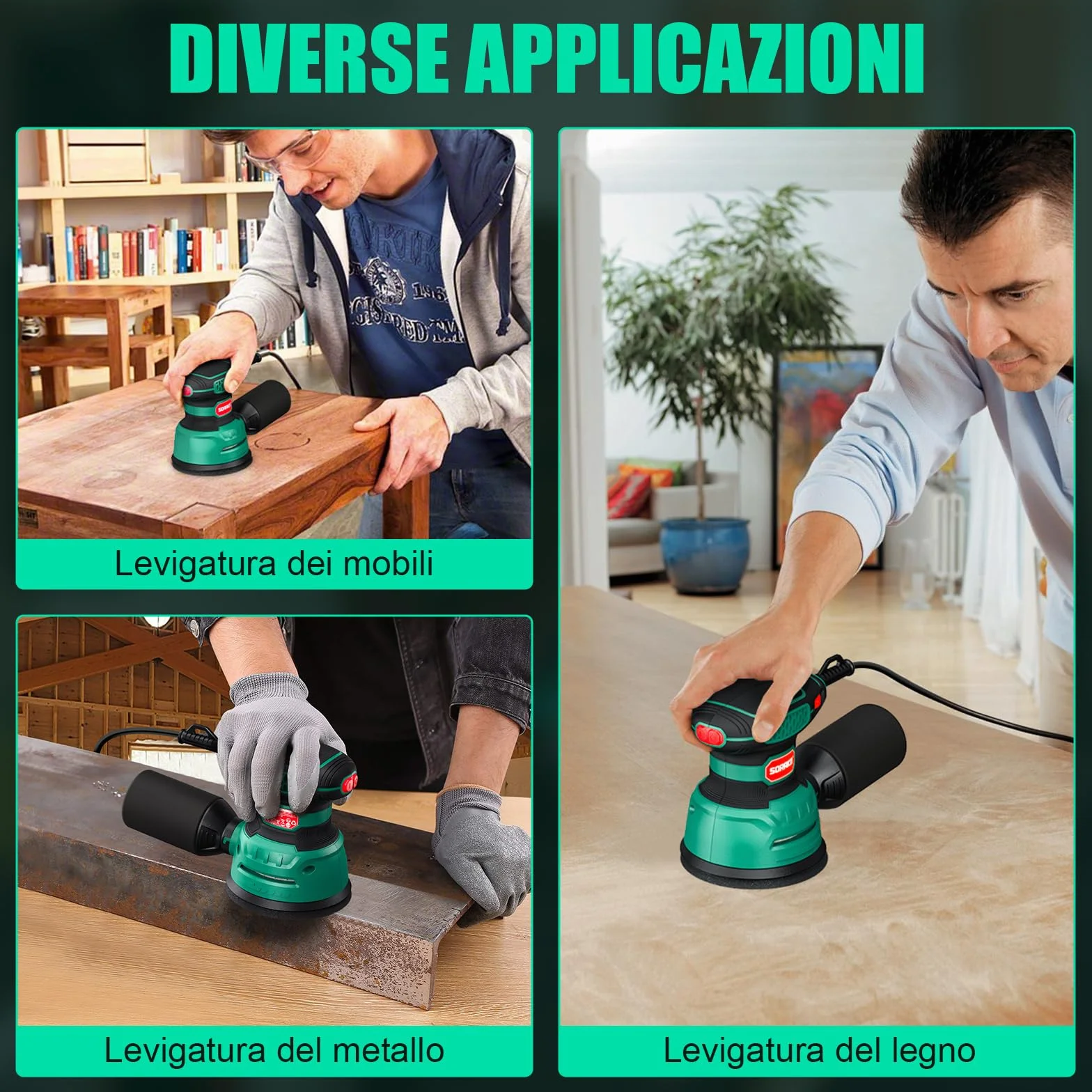 SORAKO Levigatrice Orbitale 350W 6 Velocità Regolabili con Raccolta Polvere e Carta Vetrata