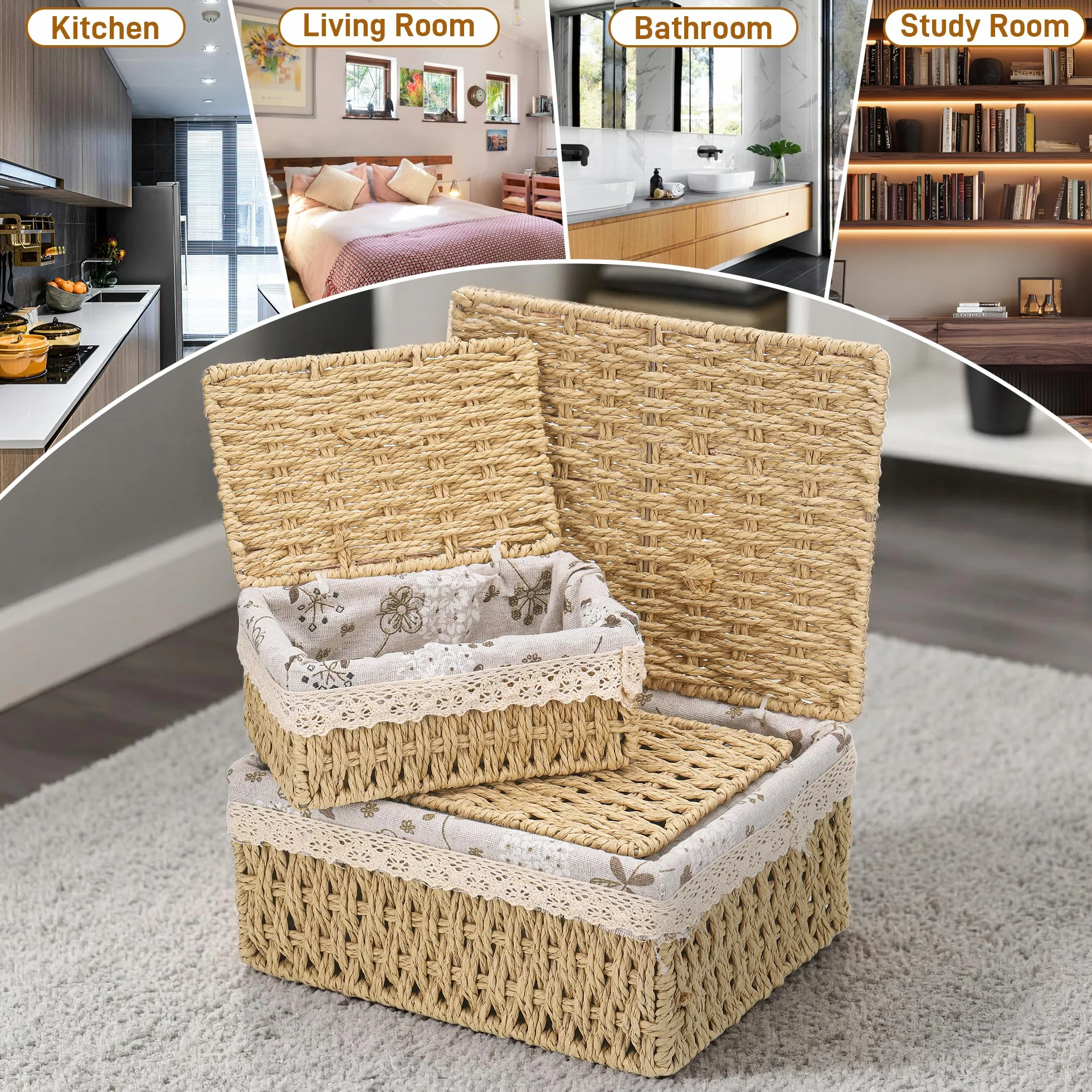 Starvortex Set di 3 Cestino Portaoggetti con Coperchio, Cestini Vimini Intrecciato a Mano, Cestini Lavabili con Fodera Rimovibile, Cestino Organizzazione per Cucina, Bagno