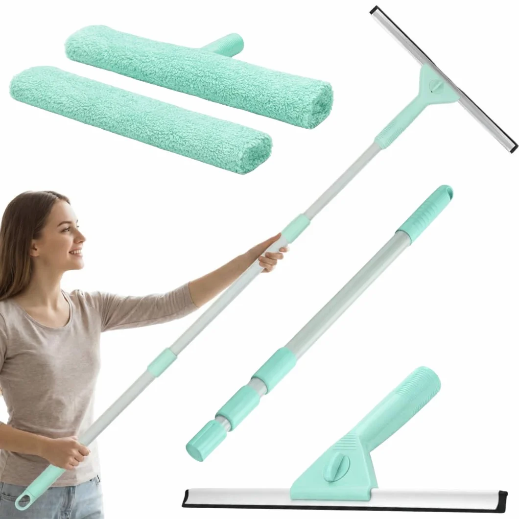 edihome, Lavavetri Telescopico Estensibile fino a 160 cm, Pulisci Vetri con 2 Teste e Panni in Microfibra, Tergivetro per Finestre, Doccia e Specchi, Uso Domestico (Set completo)