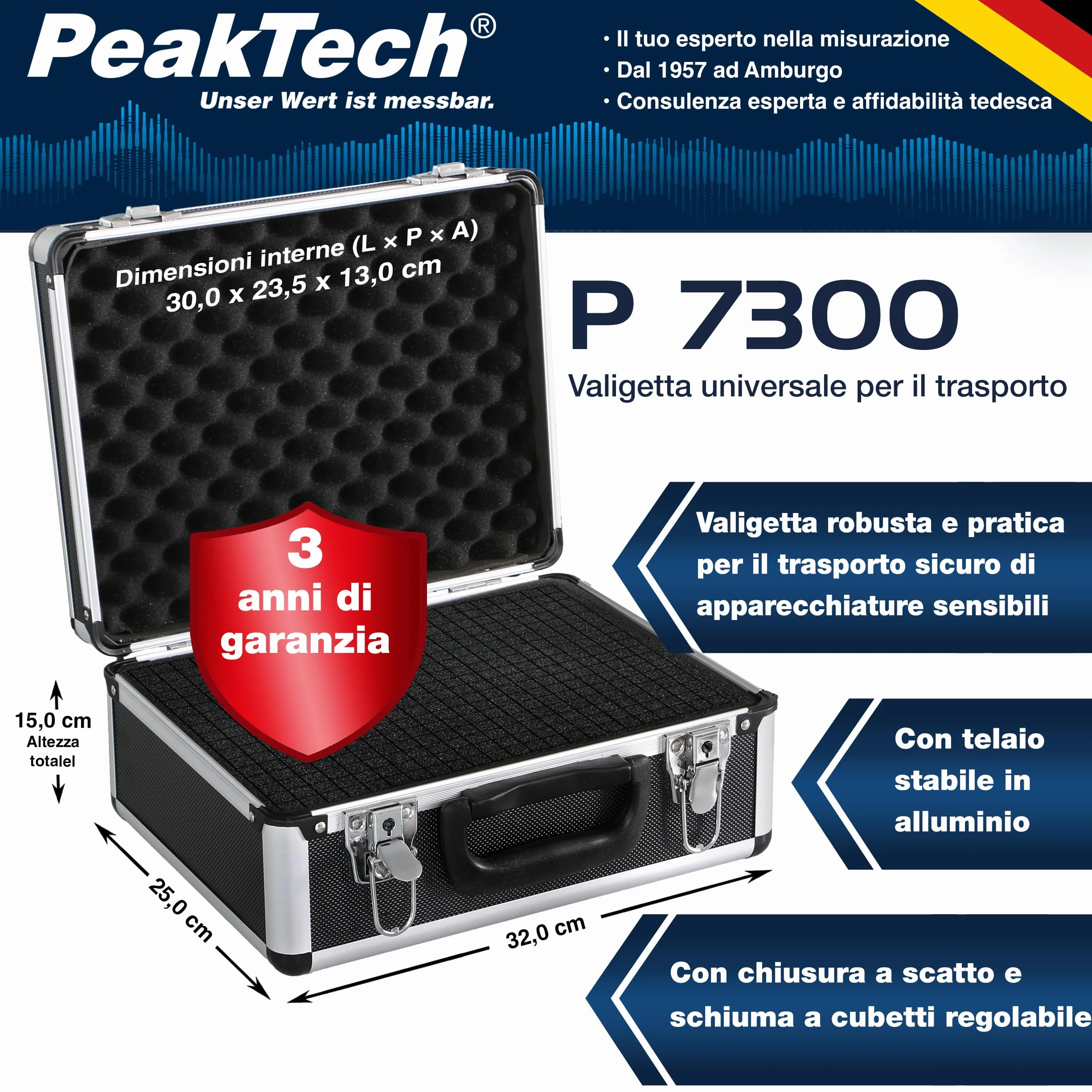 Peaktech Custodia Universale per Strumenti di Misura, Alluminio Resistente, 20 kg, 320x250x150 mm, Nero