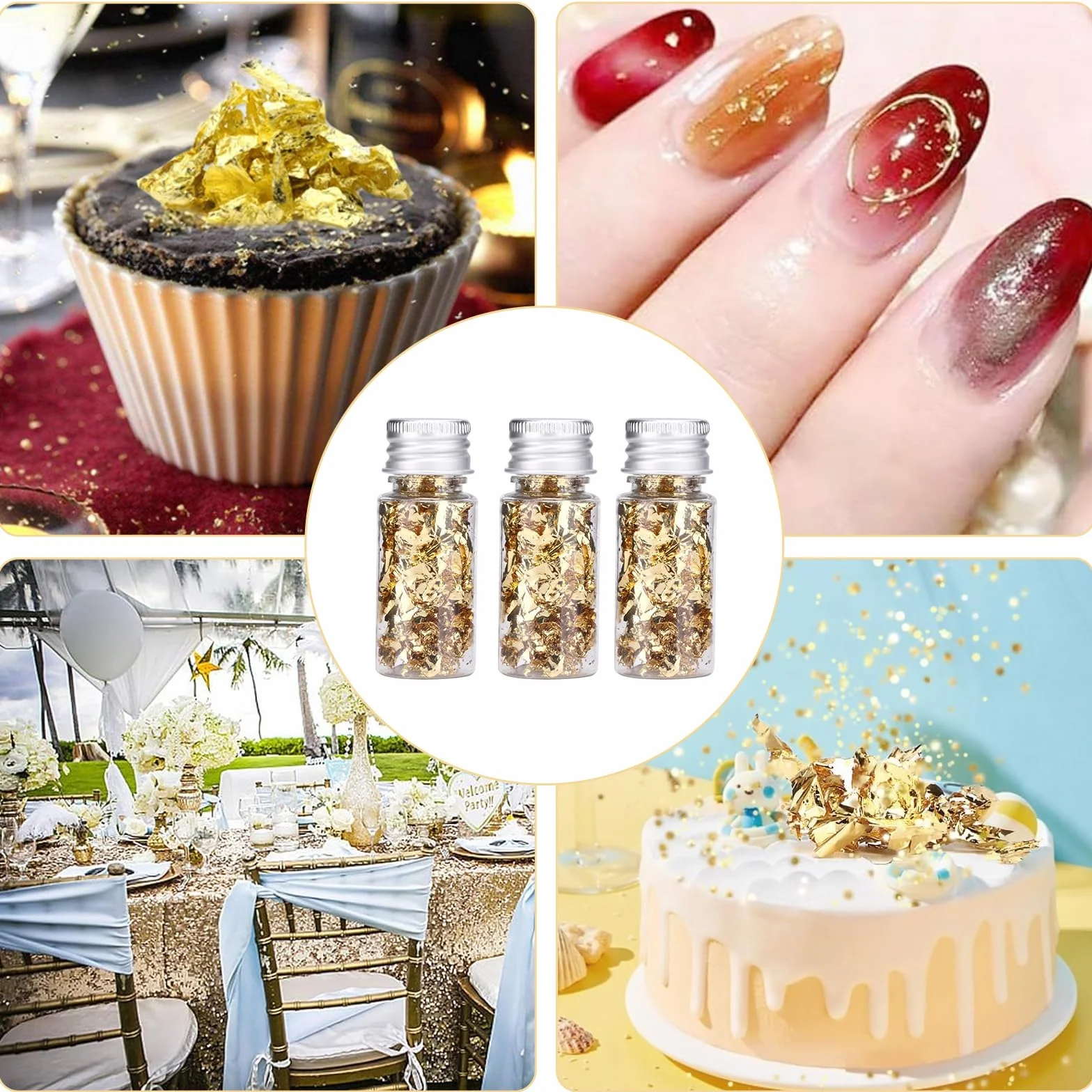 Foglia Oro Commestibile - 3 Bottiglie Decorazioni per Torte Commestibili con Pinzette - Fiocchi d'oro Alimentare per Fai da Te Dessert Alimentari Vino Bevande Maschere Manicure